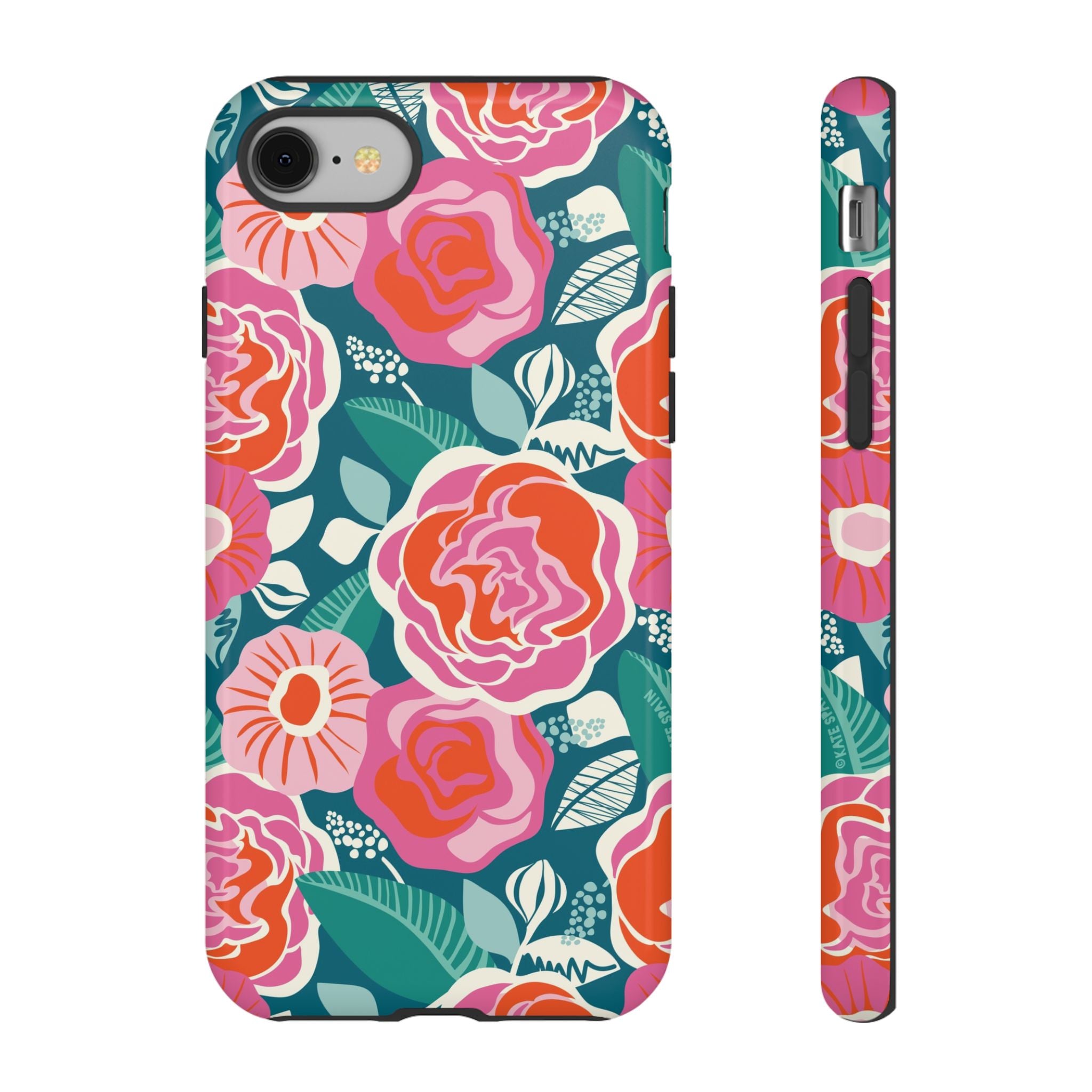 Tea Rose Teal Tough iPhone 8 Case – Glossy | teal, coral, pink botanical rose floral print