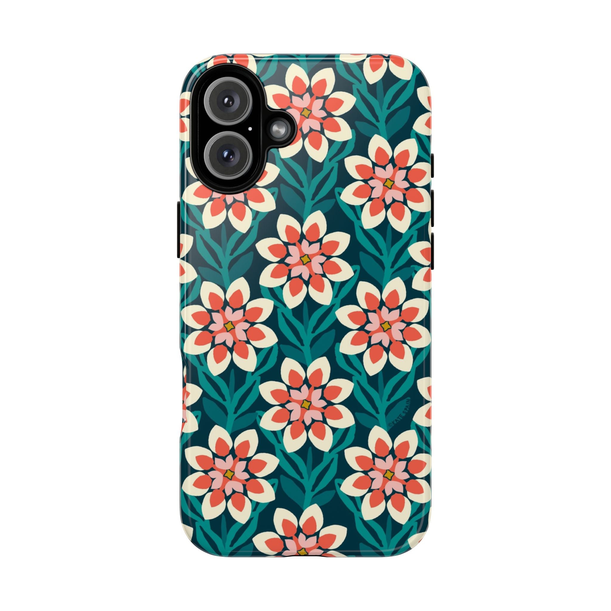 Modern Dahlia Tough iPhone 16 Plus Case – Glossy | teal, coral, cream geometric dahlia floral print