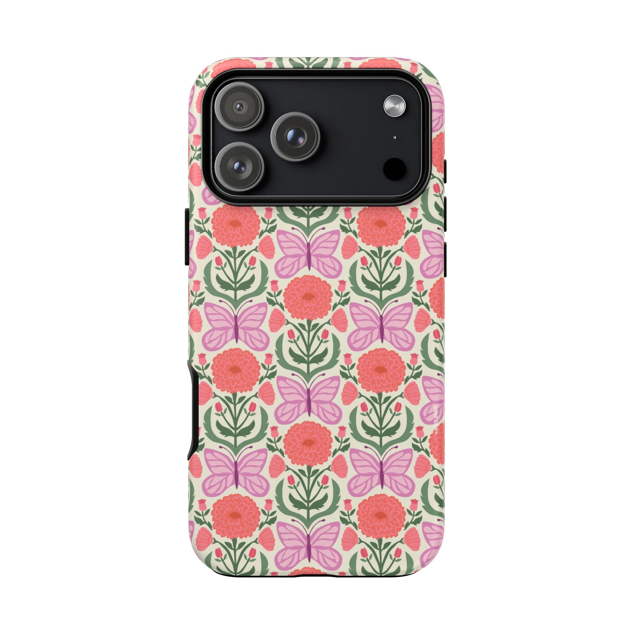 Pink Butterfly Tough iPhone 17 Pro Max Case – Matte | pink, coral, green, cream butterfly floral print