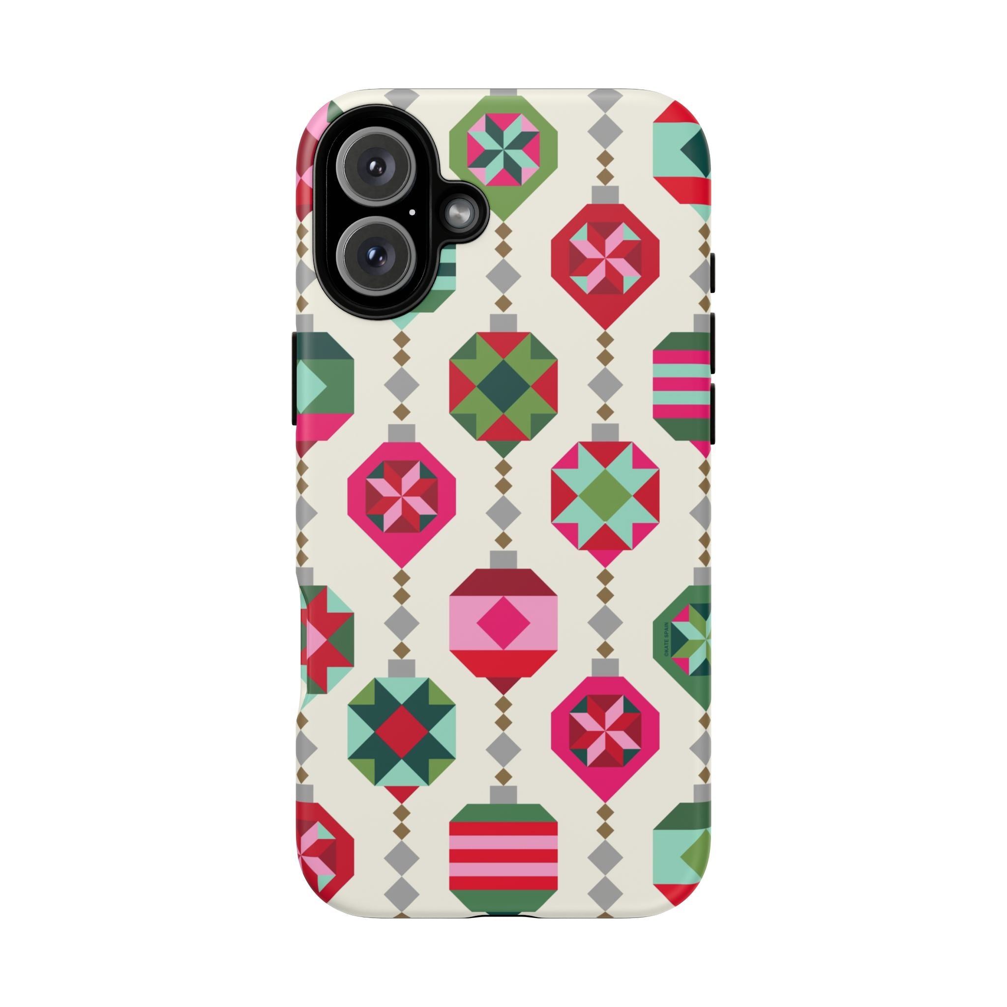 Felicity Ornaments Tough iPhone 16 Plus Case – Matte | cream, red, pink, green, mint geometric quilted ornament print