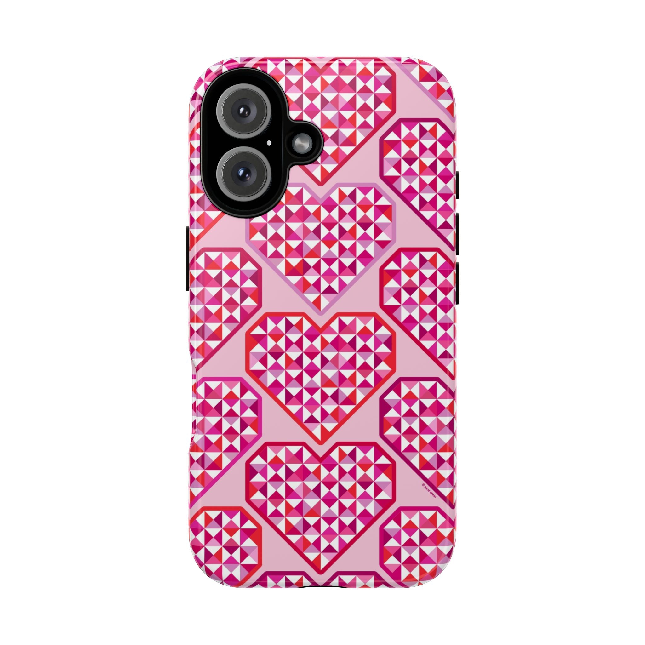 Pink Pyramid Heart Tough iPhone 16 Case – Glossy | blush, pink, magenta, red geometric pyramid heart print