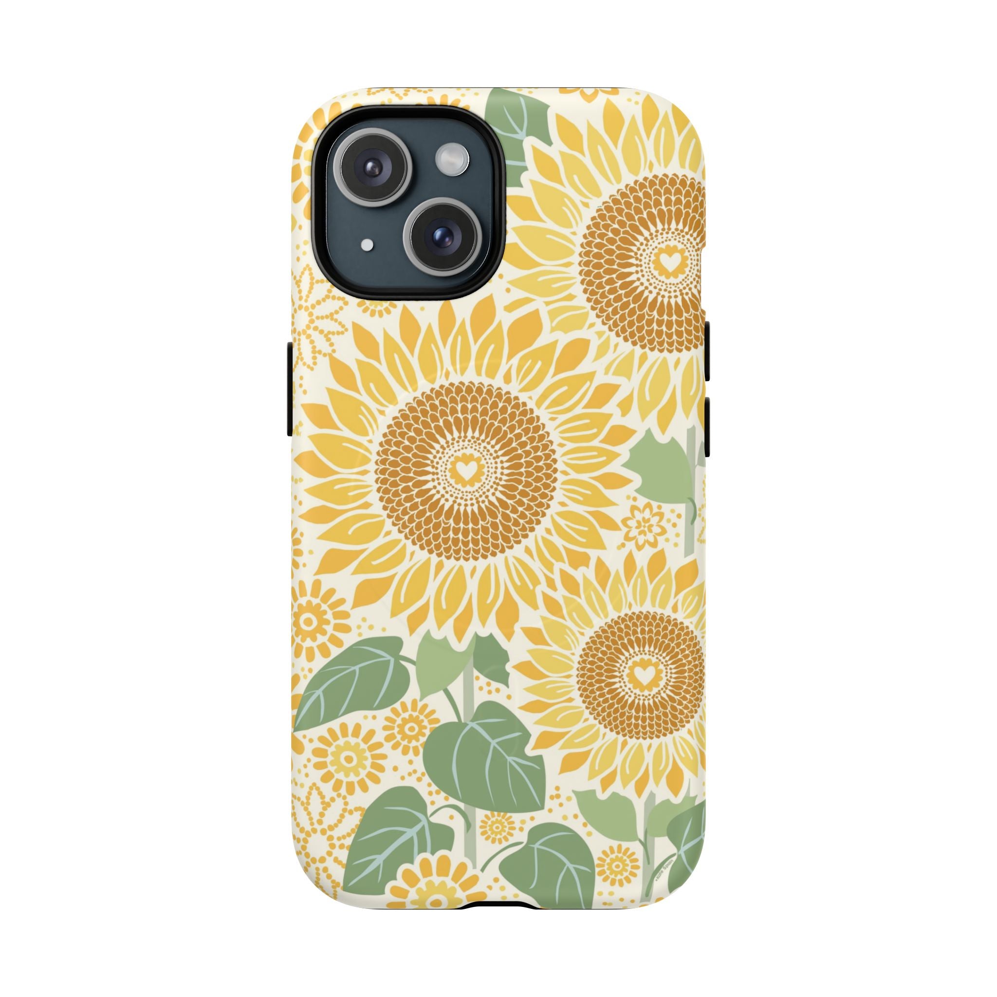 Sunny Sunflower MagSafe iPhone 15 – Matte | cream ground, large-scale yellow sunflower print, golden seed detail with heart centers, dual-layer protection