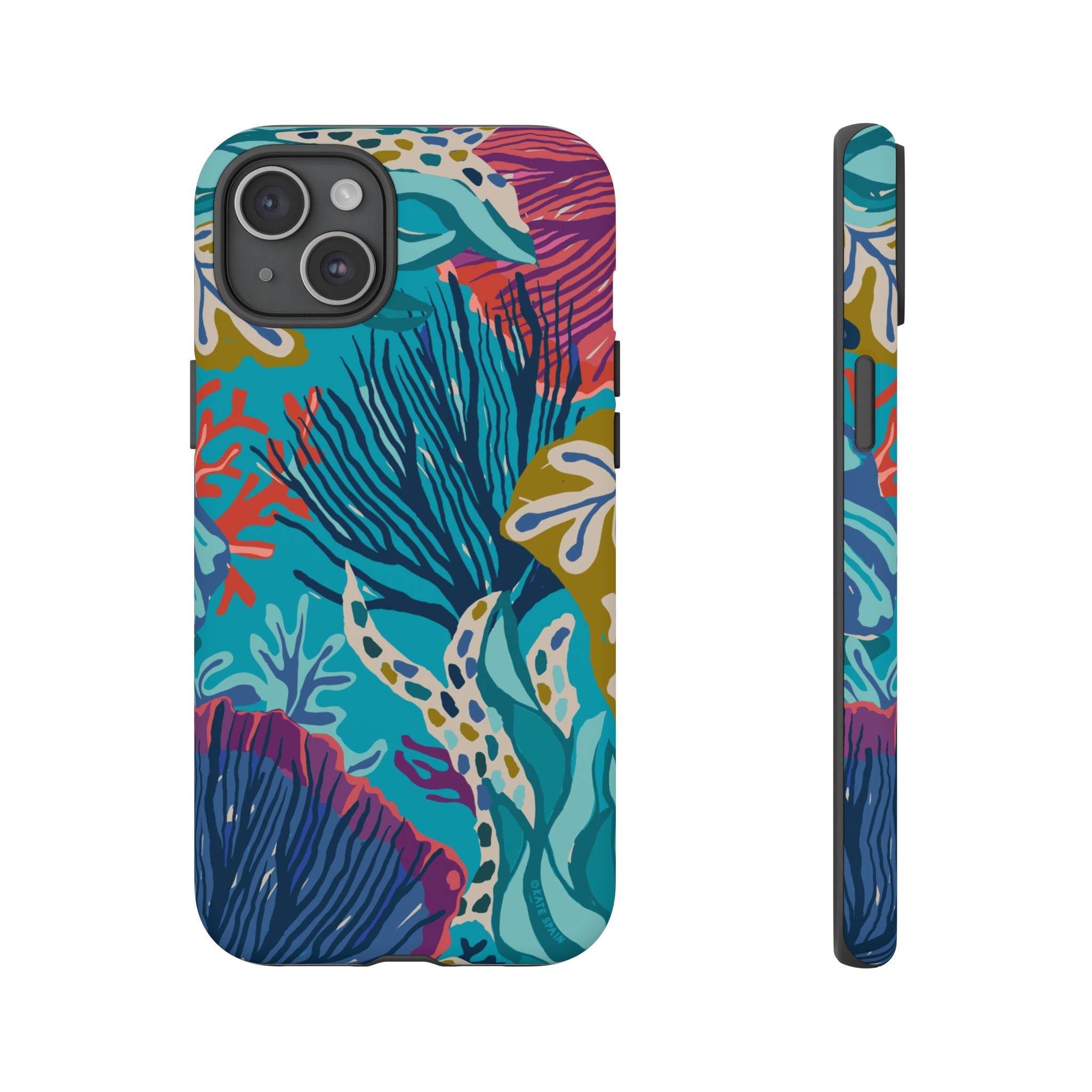 Reef Tough iPhone 15 Plus Case – Matte | teal, coral, navy, purple botanical coral reef print
