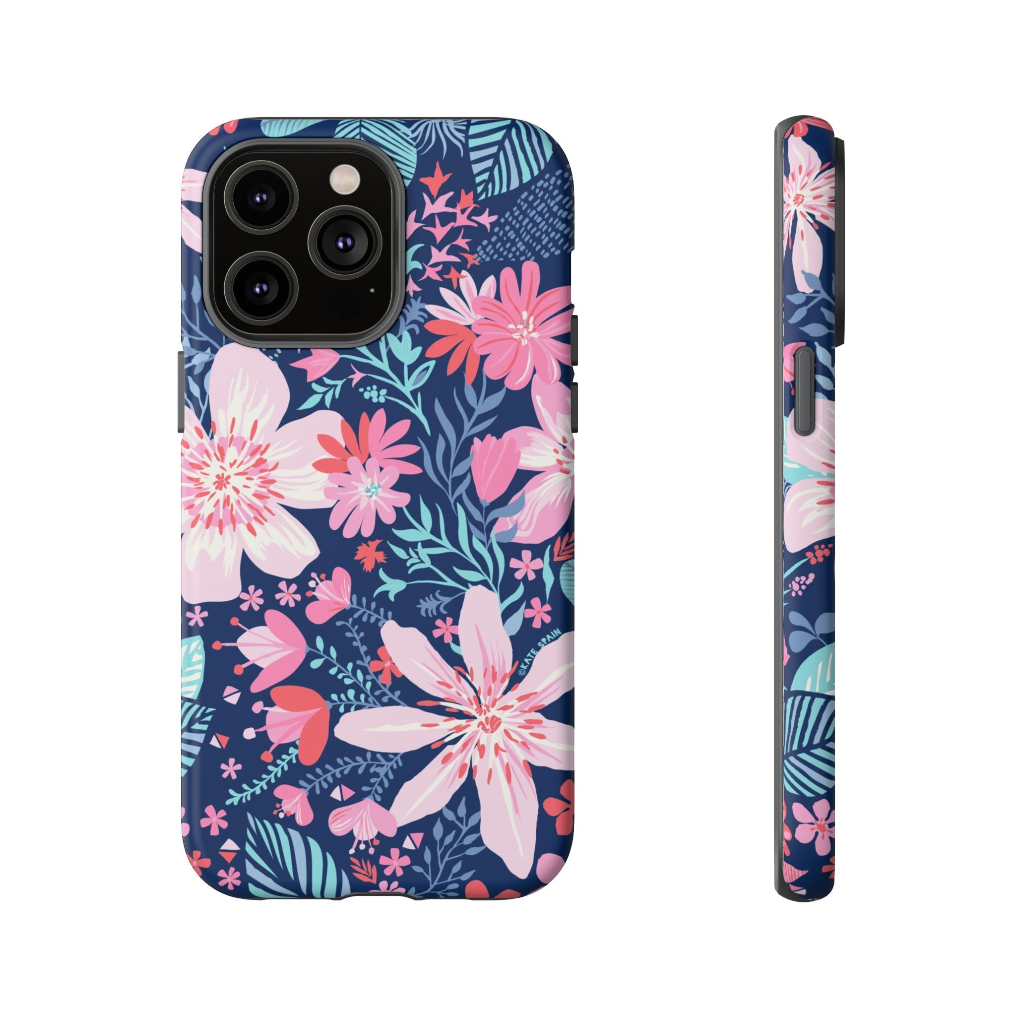 Bonaire Tough iPhone 14 Pro Max Case – Matte | navy, pink, white tropical floral botanical print