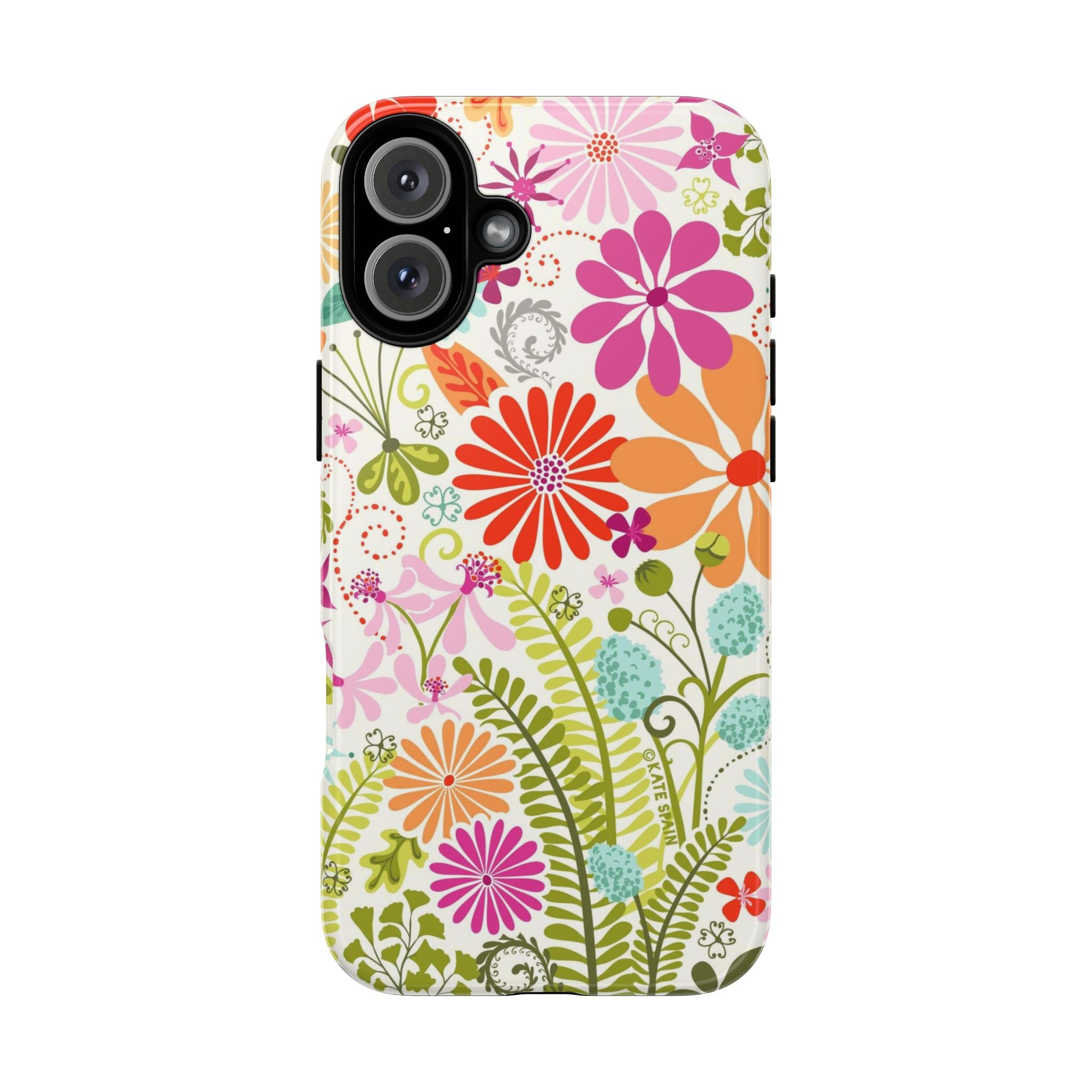 Luxury Terrain Tough iPhone 16 Plus Case – Glossy | white, magenta, coral botanical woodland floral print