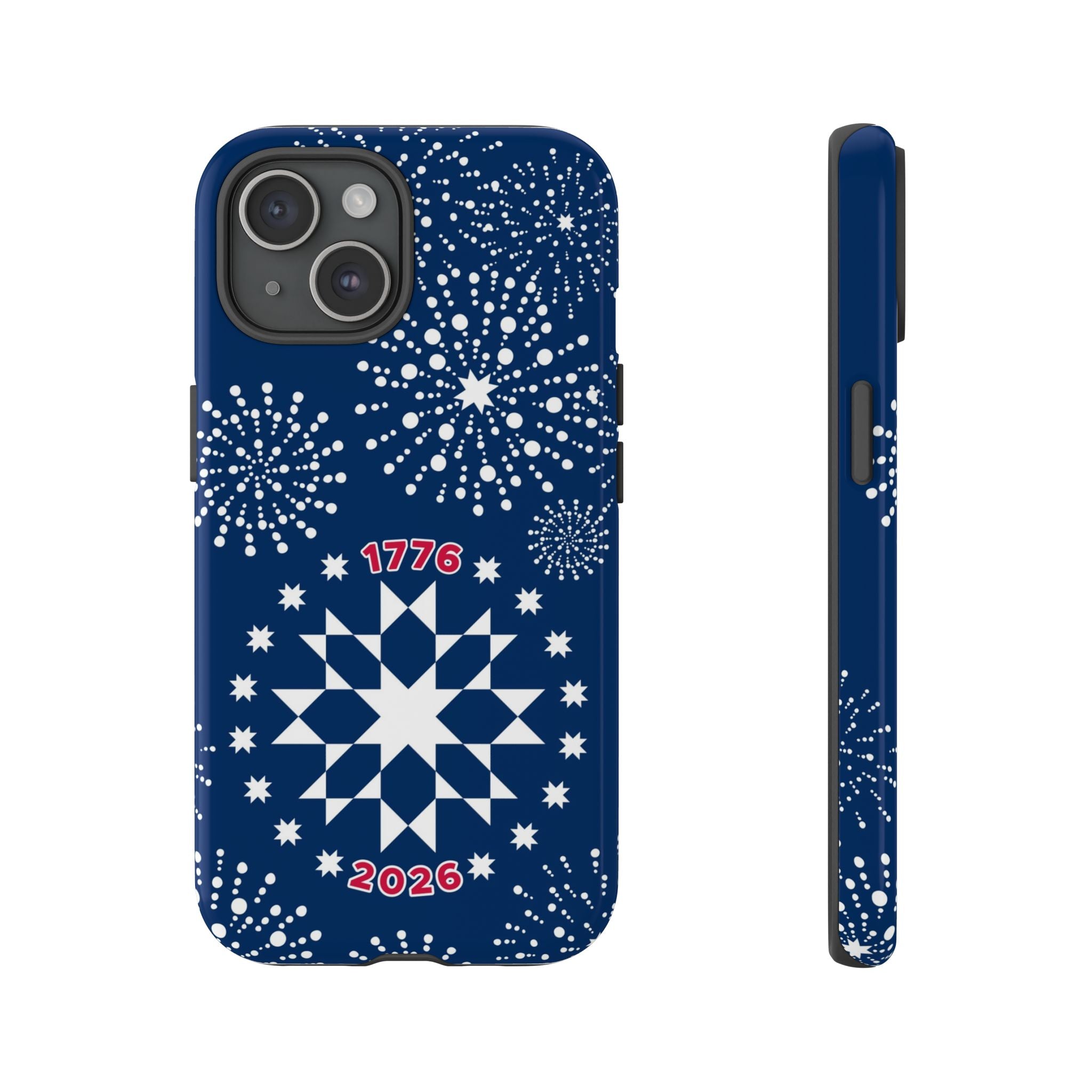 250th Fireworks Tough iPhone 15 Case – Glossy | navy, white patriotic star quilt fireworks print
