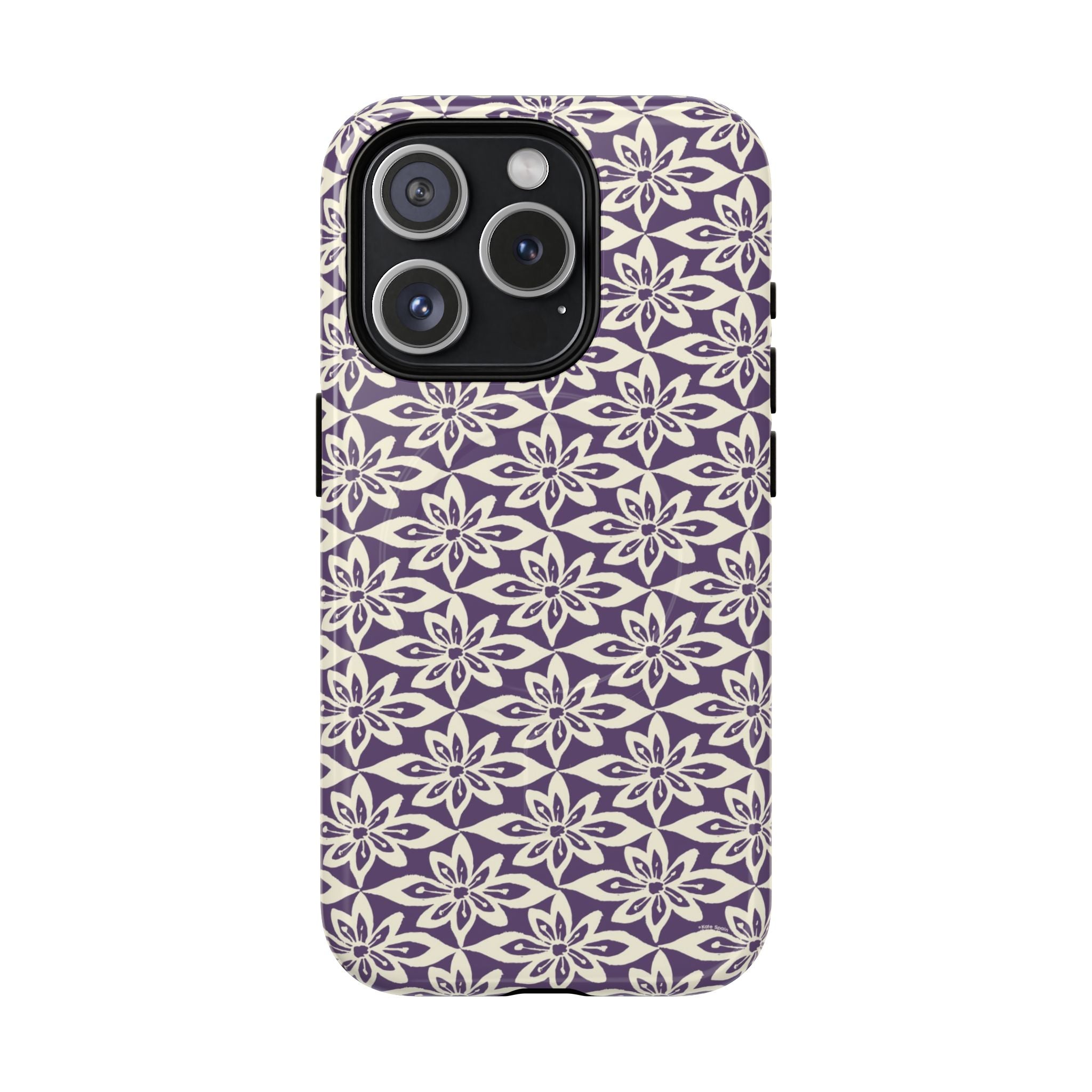 Lily Plum MagSafe iPhone 15 Pro Case – Glossy | graphic white lily print on rich violet — botanical MagSafe case by Kate Spain