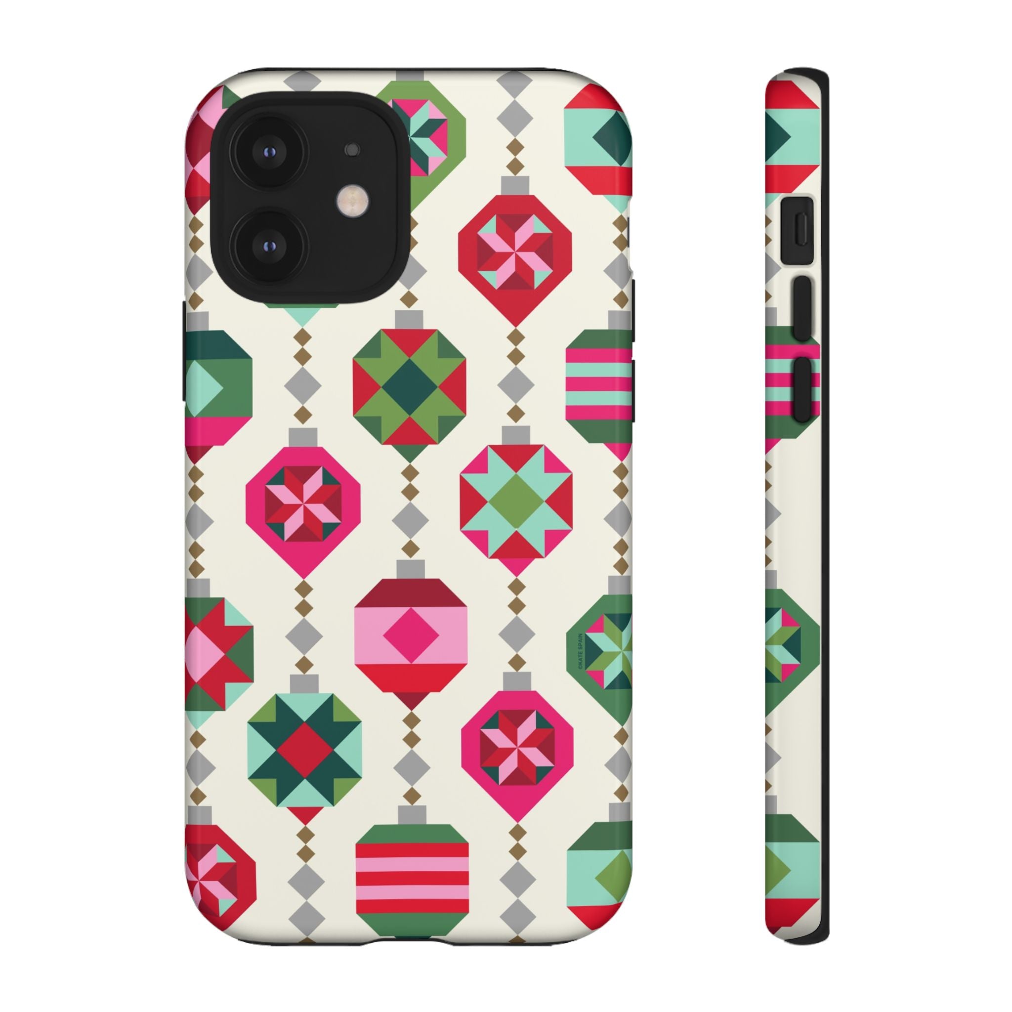 Felicity Ornaments Tough iPhone 12 Case – Glossy | cream, red, pink, green, mint geometric quilted ornament print