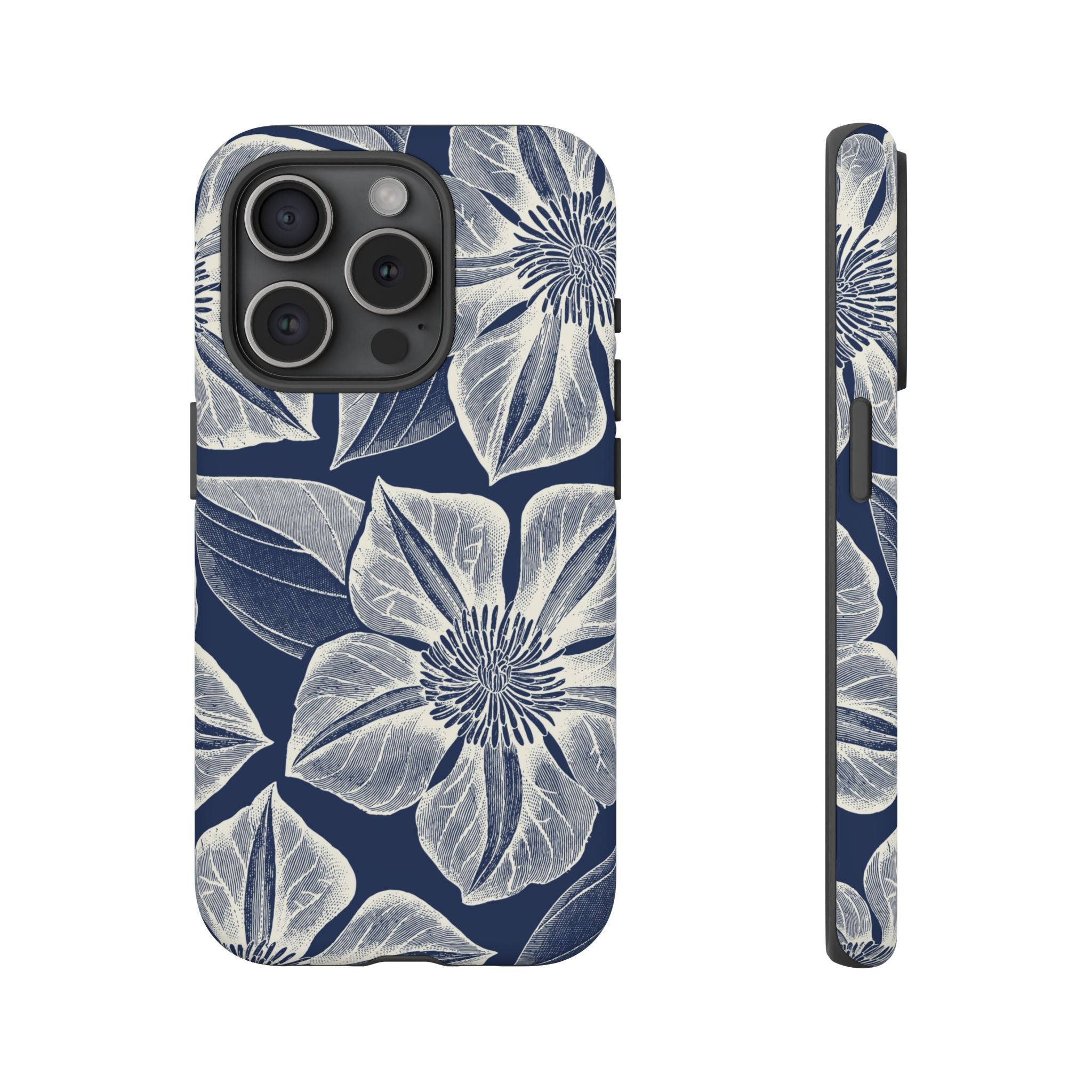 Vintage Bloom Navy iPhone 15 Pro case – Matte | navy ground, large-scale cream clematis print, engraved petal detail, dual-layer protection