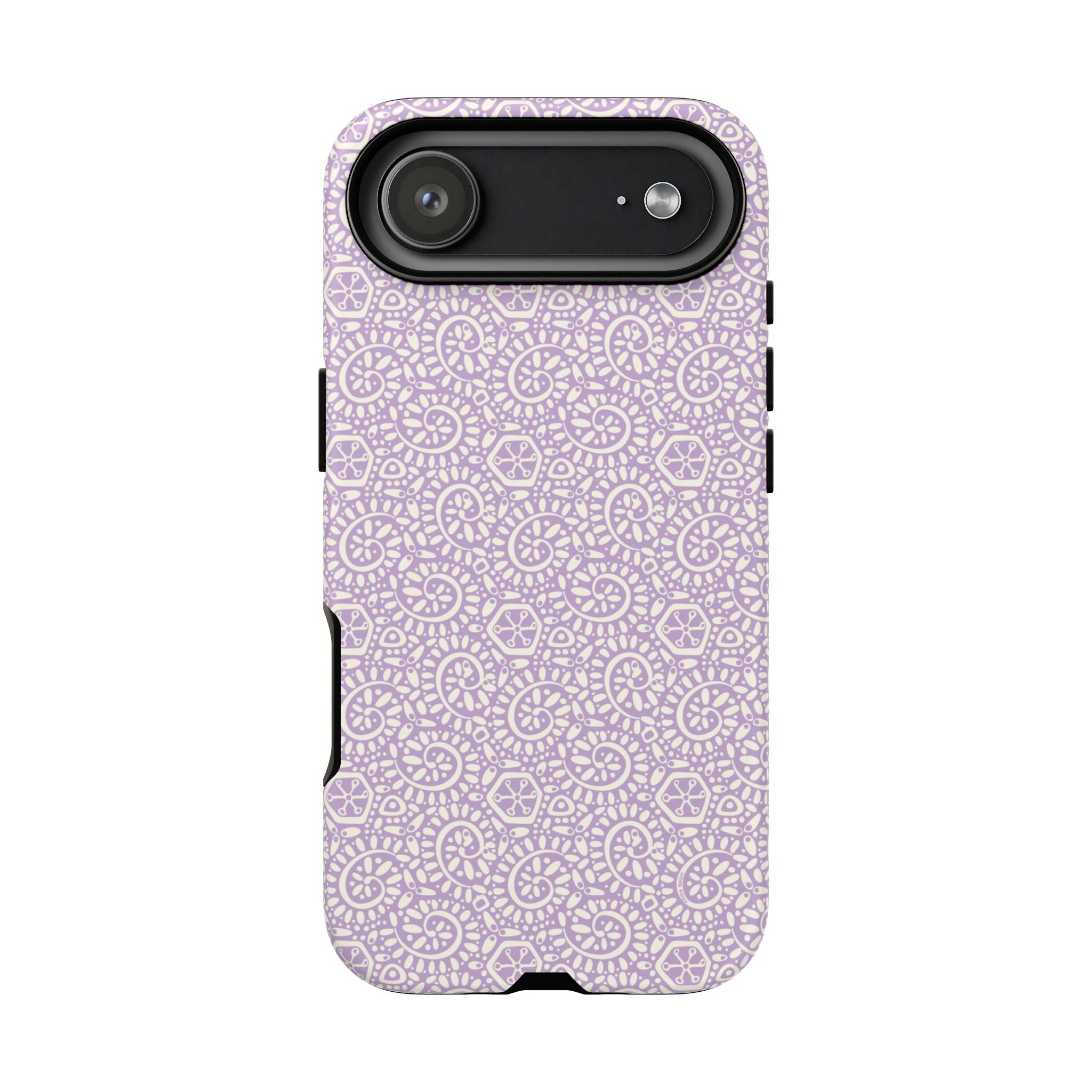 Canto Swirls Lavender iPhone 17 Air Matte Case — lavender hard case covered in an intricate folk-art medallion pattern of radiating circular motifs, dot clusters, and geometric centers