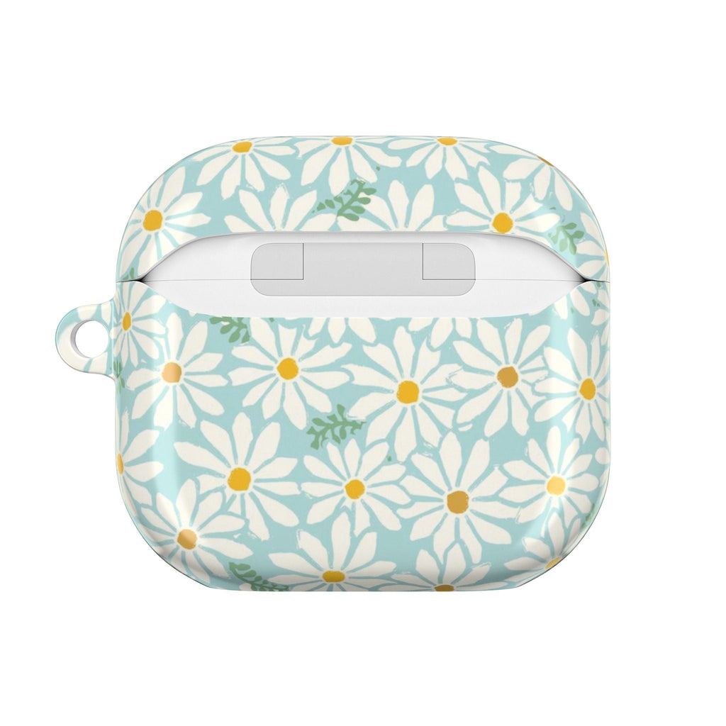 floriori Daisies AirPods Gen 4 case featuring summer white daisies with yellow centers on an aqua background with green leaves printed on glossy polycarbonate shell. Back view