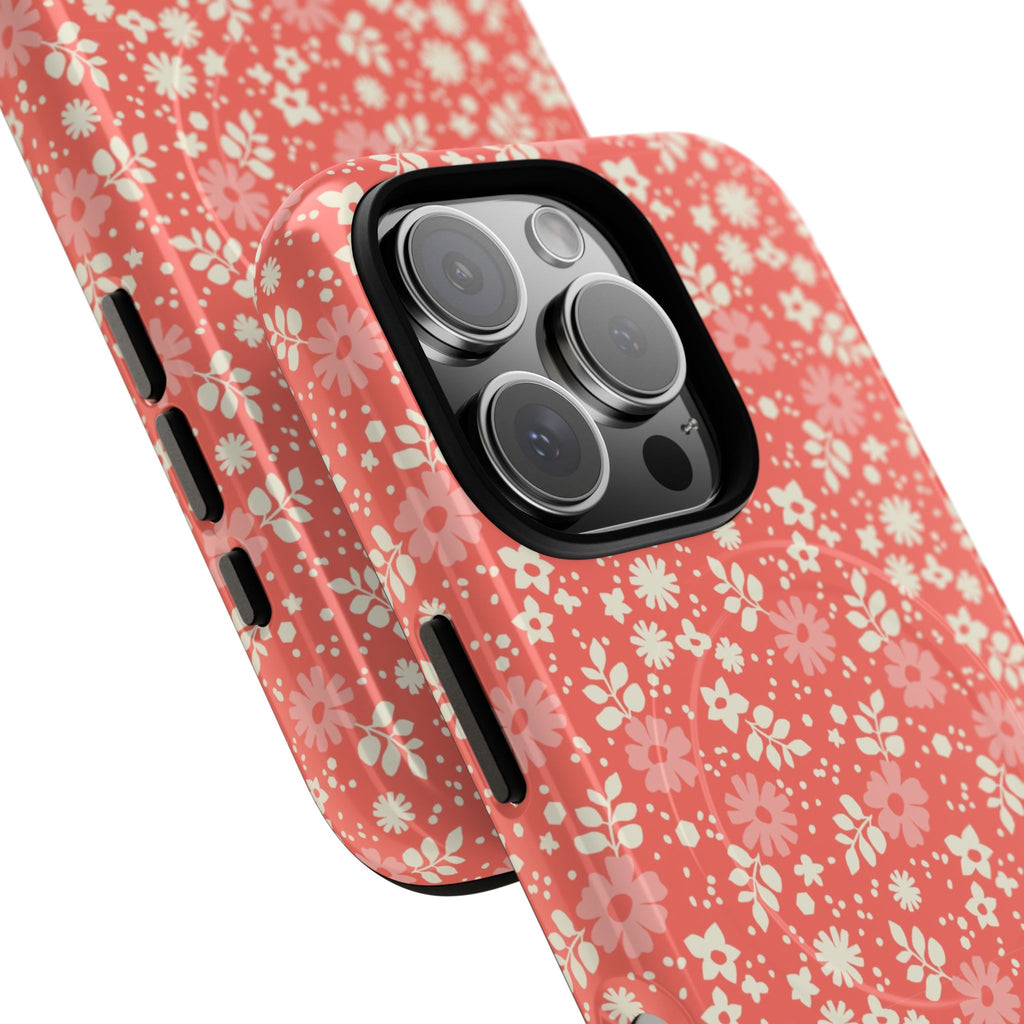Petaline Coral MagSafe iPhone 16 Pro Max Case – Dual-layered view of case and inner lining in front of phone, with view of camera cutout and buttons | coral, pink, cream ditsy floral print