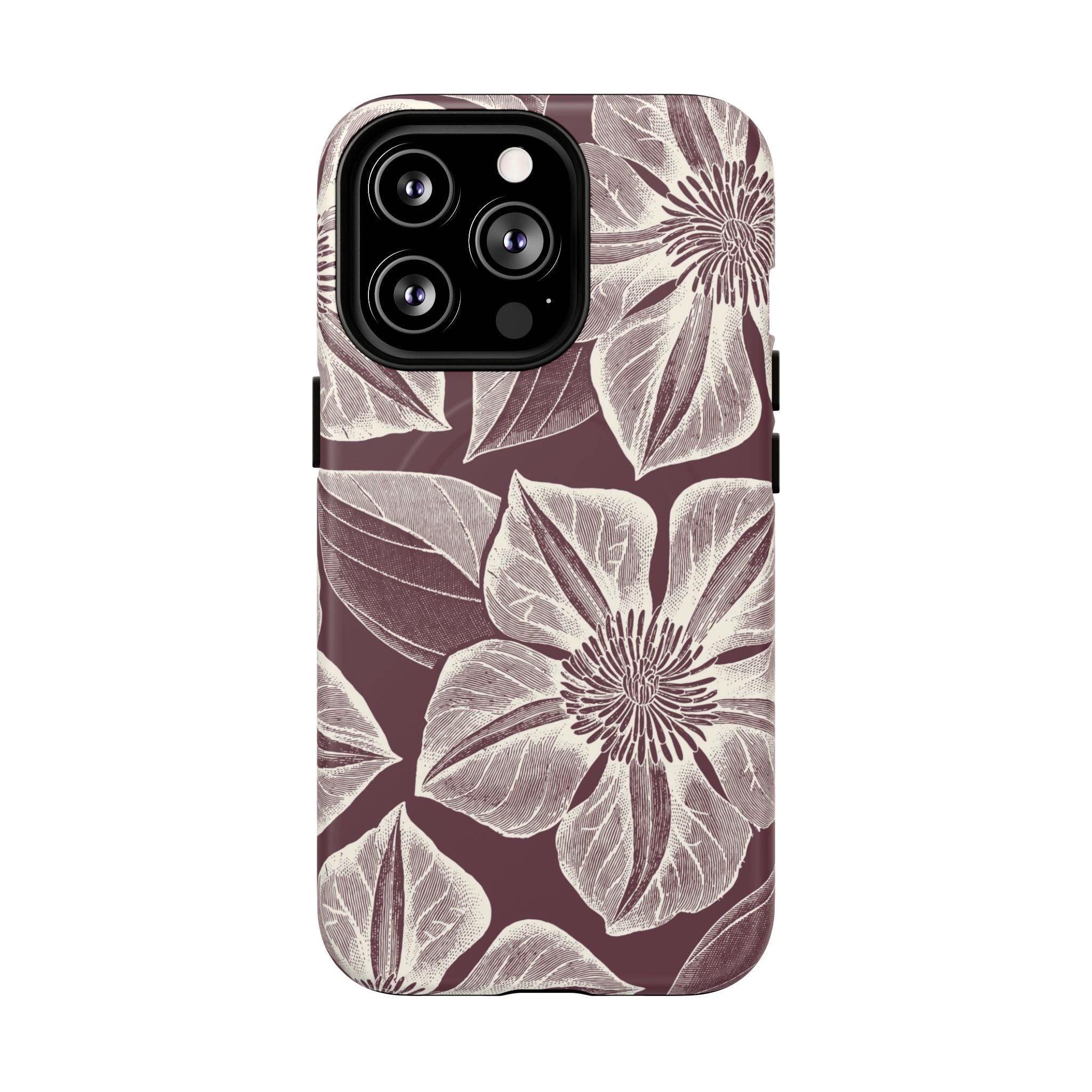 Vintage Bloom Burgundy MagSafe iPhone 13 Pro Case – Matte | burgundy ground, large-scale cream clematis print, engraved petal detail, dual-layer protection