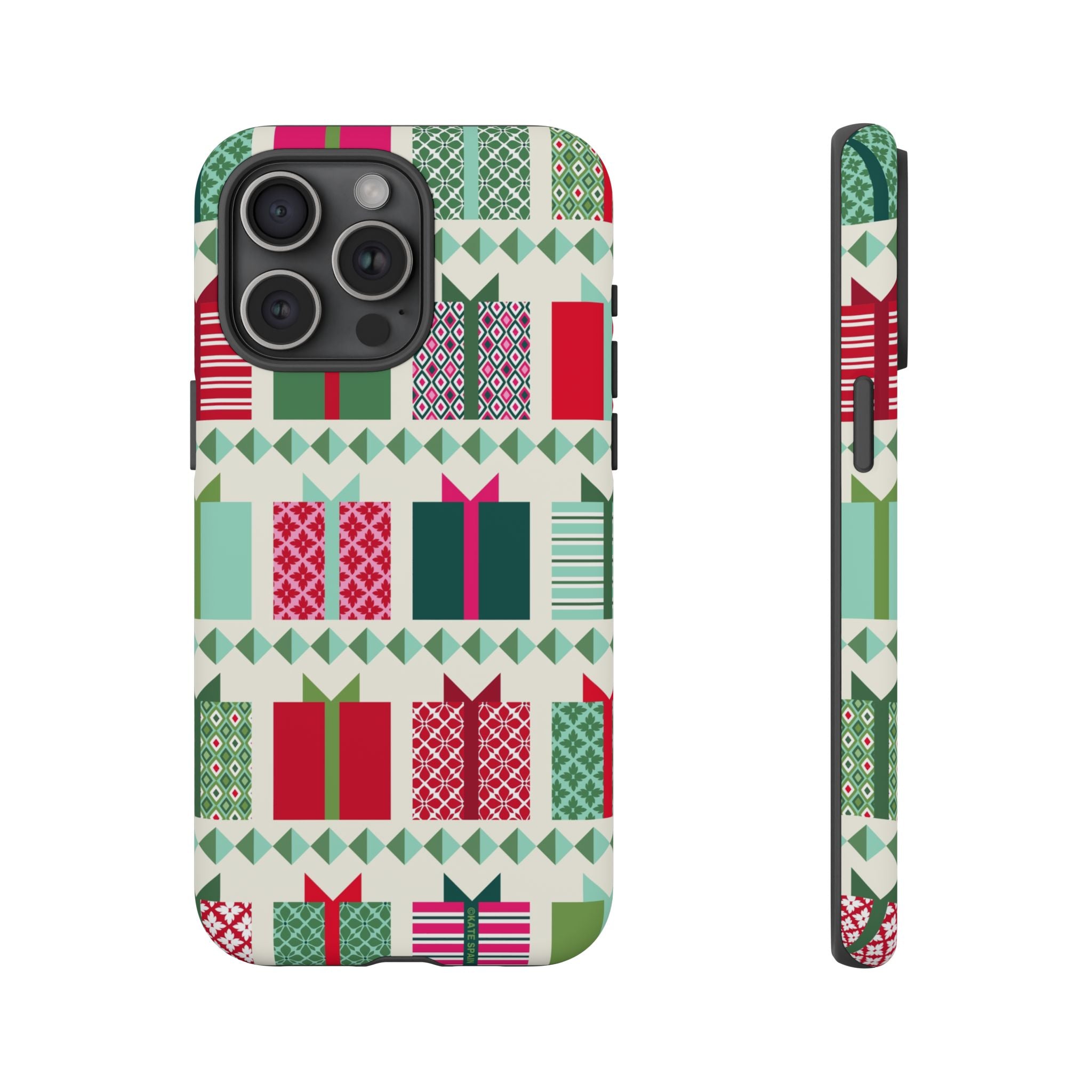 All Wrapped Up Tough iPhone 15 Pro Max Case – Matte | cream, red, pink, green, mint geometric gift wrap holiday print