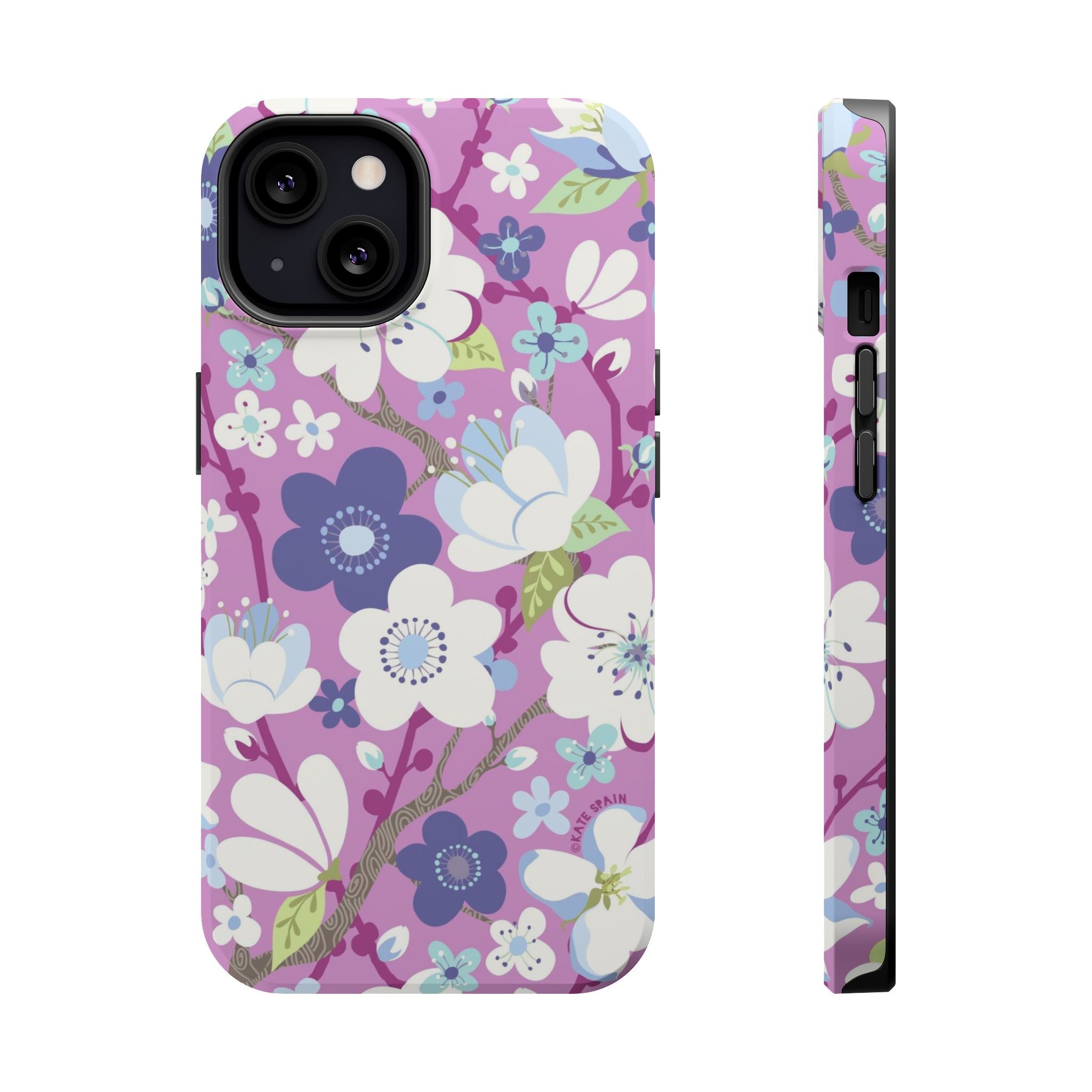 Luxury Cherry Blossom MagSafe iPhone 14 Case – Matte | mauve, purple, blue, white cherry blossom print