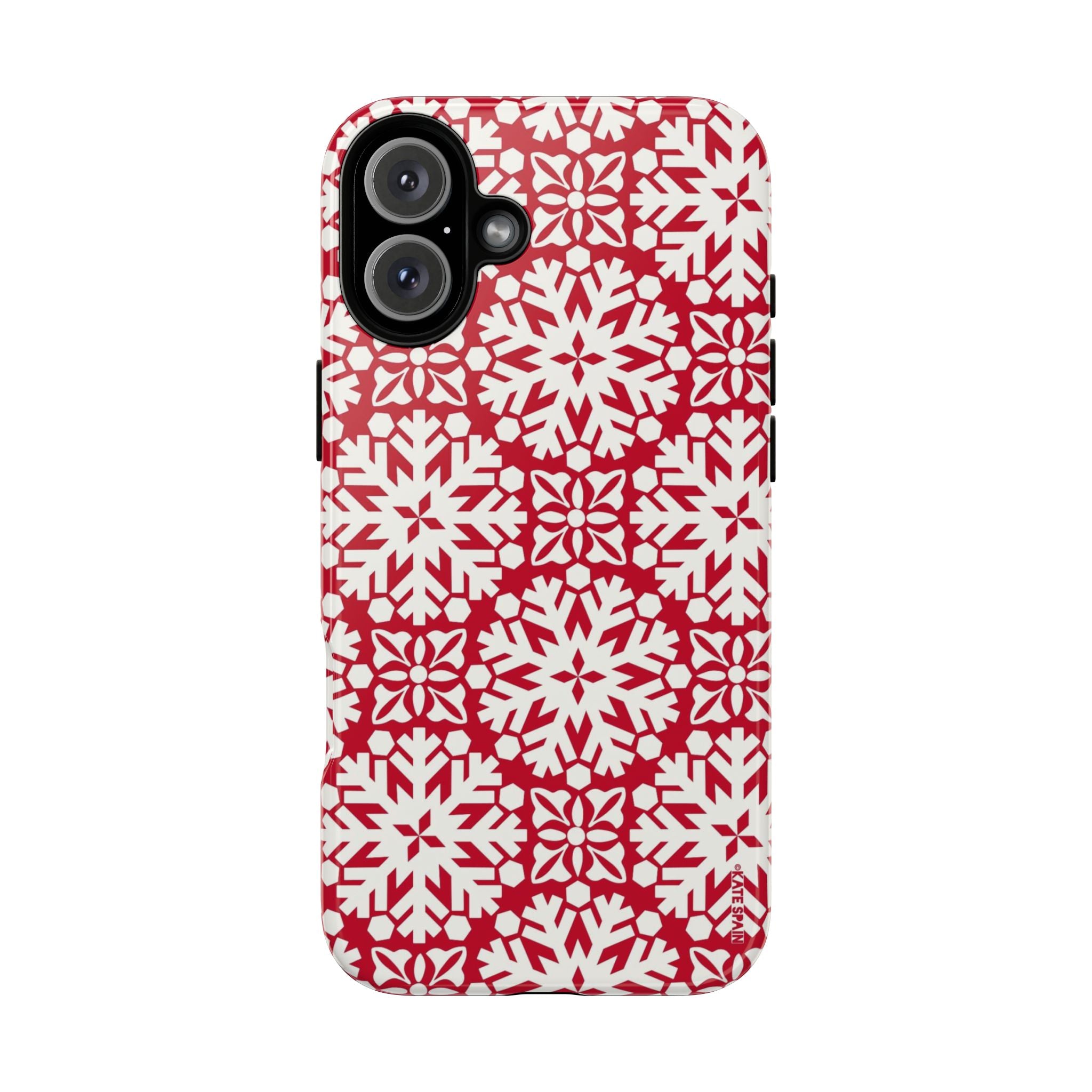 Flurry Tough iPhone 16 Plus Case – Glossy | red, cream geometric snowflake medallion print
