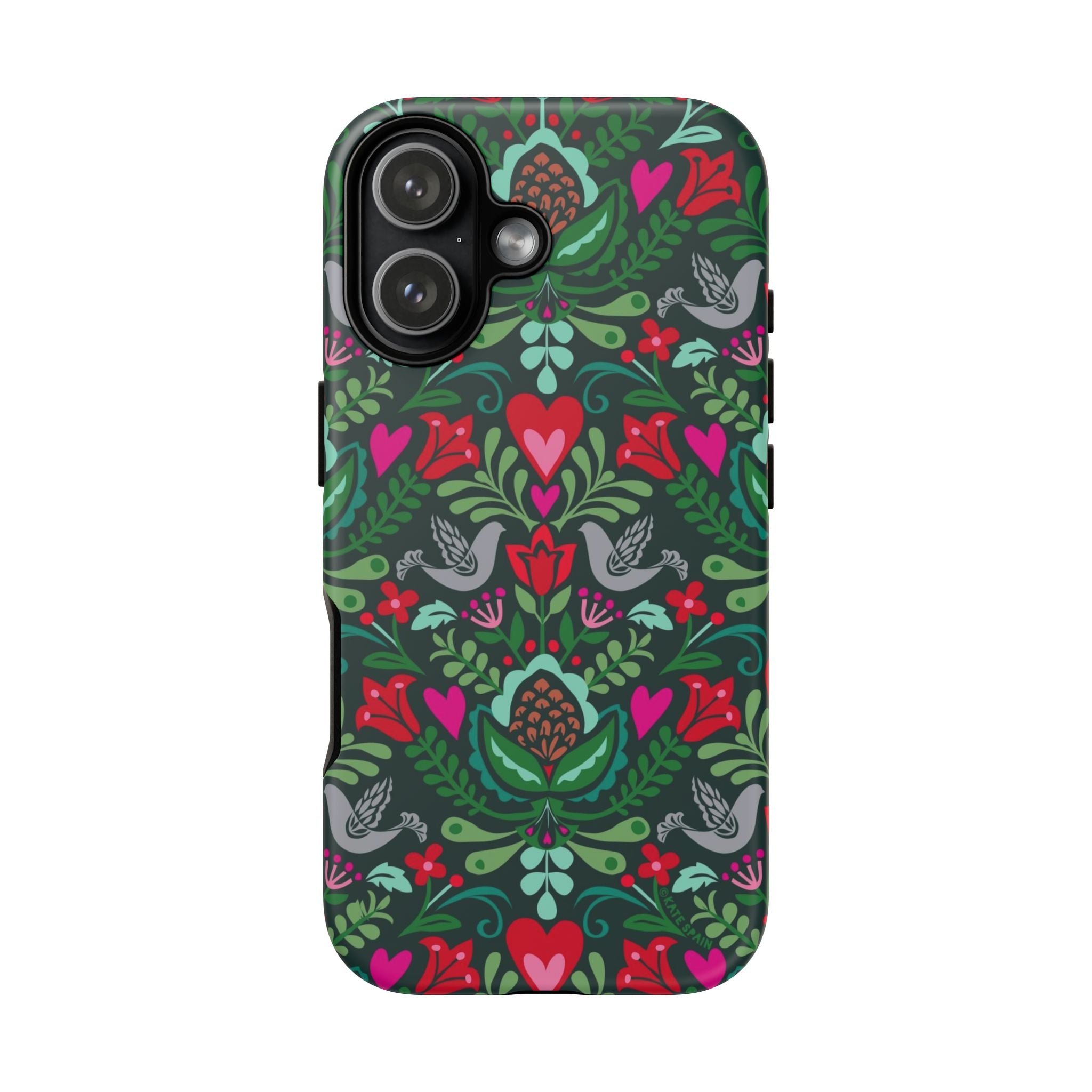 Rosemaling Tough iPhone 17 Case – Matte | dark green, red, pink, gray folk art floral bird print