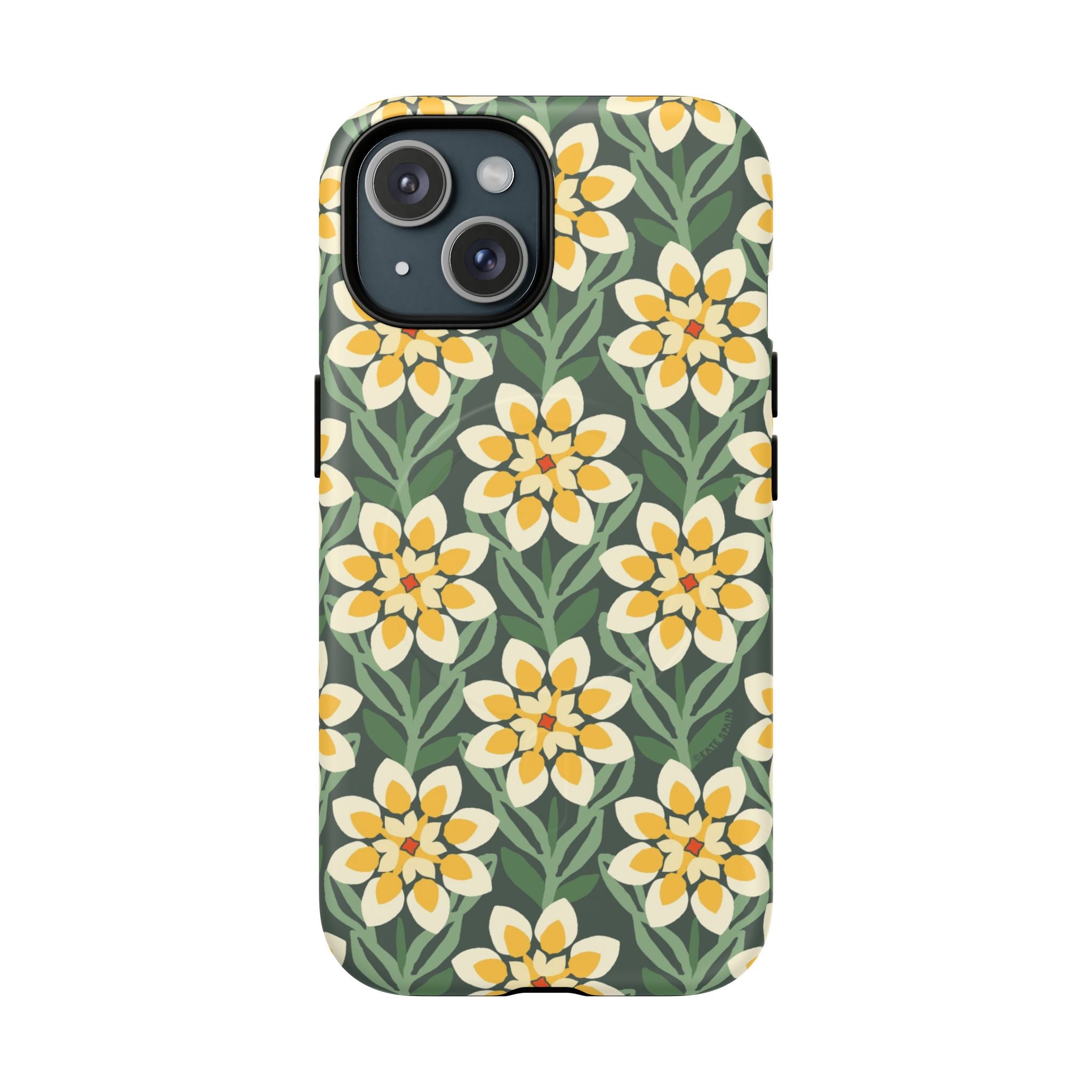 Designer Modern Dahlia MagSafe iPhone 15 Case – Matte | yellow, cream, green dahlia floral print
