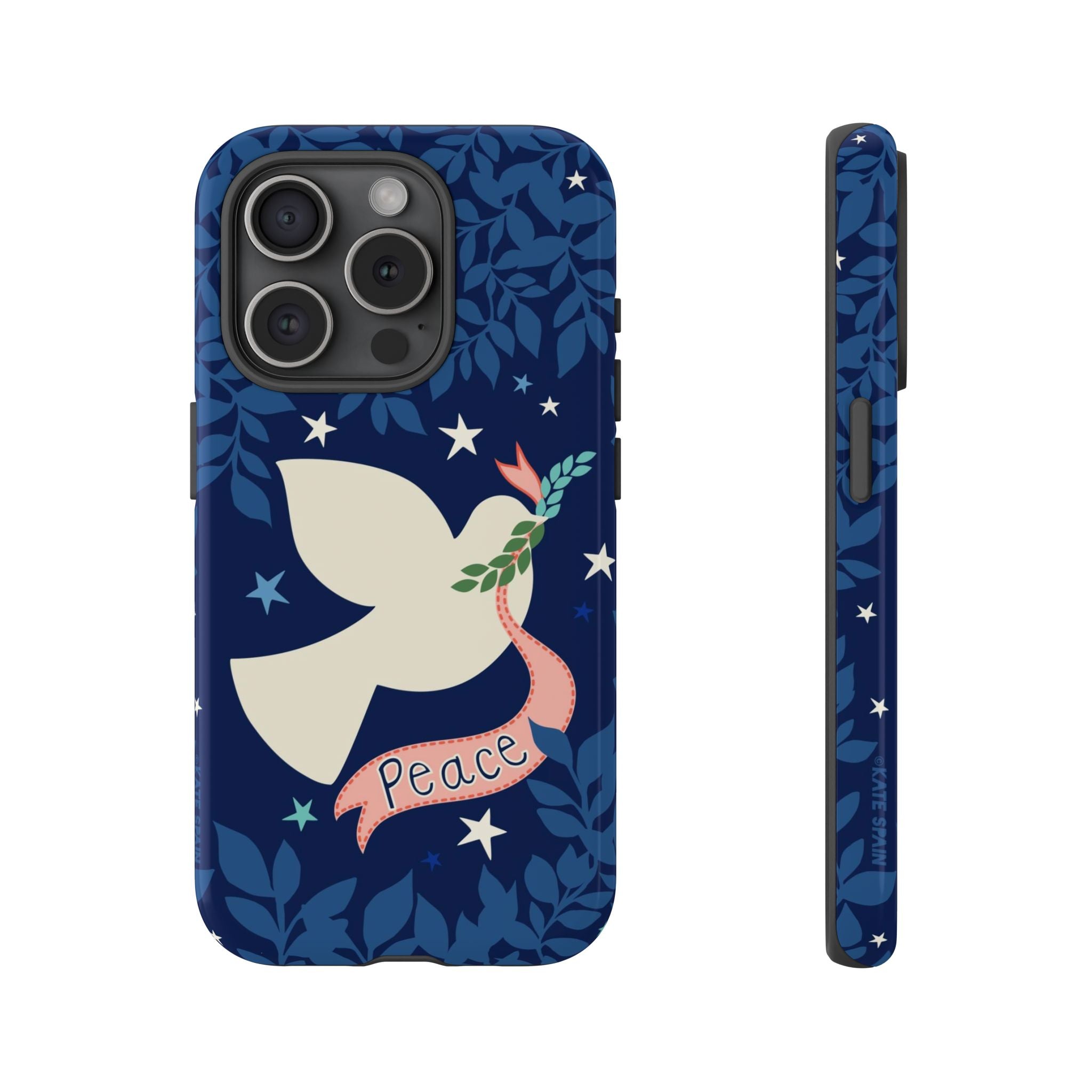 Peace Tough iPhone 15 Pro Case – Glossy | navy, cream peace dove, stars, botanical print