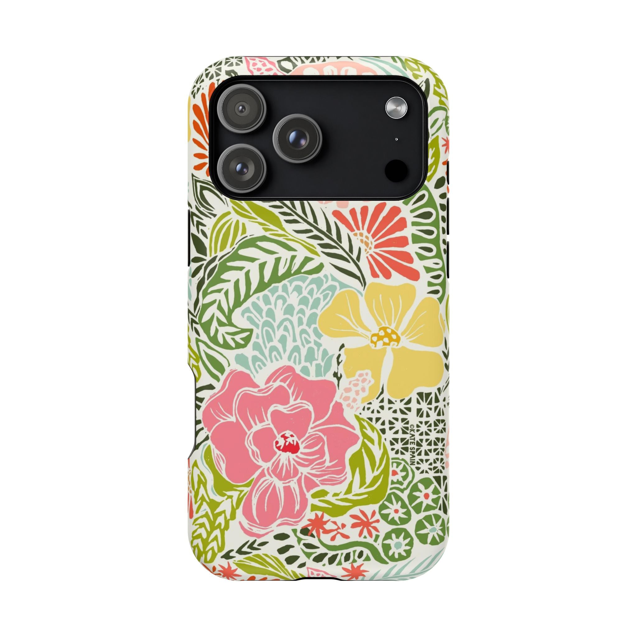 Tropica MagSafe iPhone 17 Pro Max Case – Matte | cream, pink, yellow, blue botanical floral print MagSafe compatible, dual-layer protection