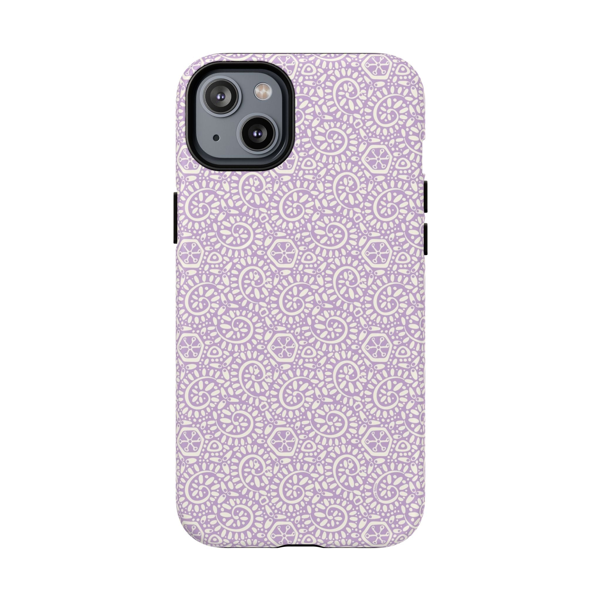 Canto Swirls Lavender MagSafe iPhone 14 Plus Matte Case — lavender hard case covered in an intricate folk-art medallion pattern of radiating circular motifs, dot clusters, and geometric centers