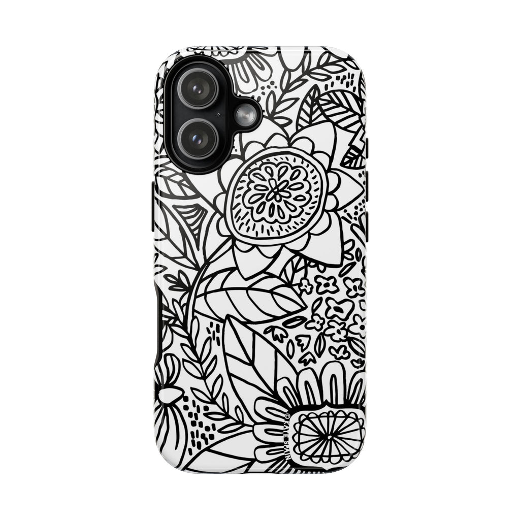 Esprit Tough iPhone 17 Case – Glossy | white, black botanical line art floral print