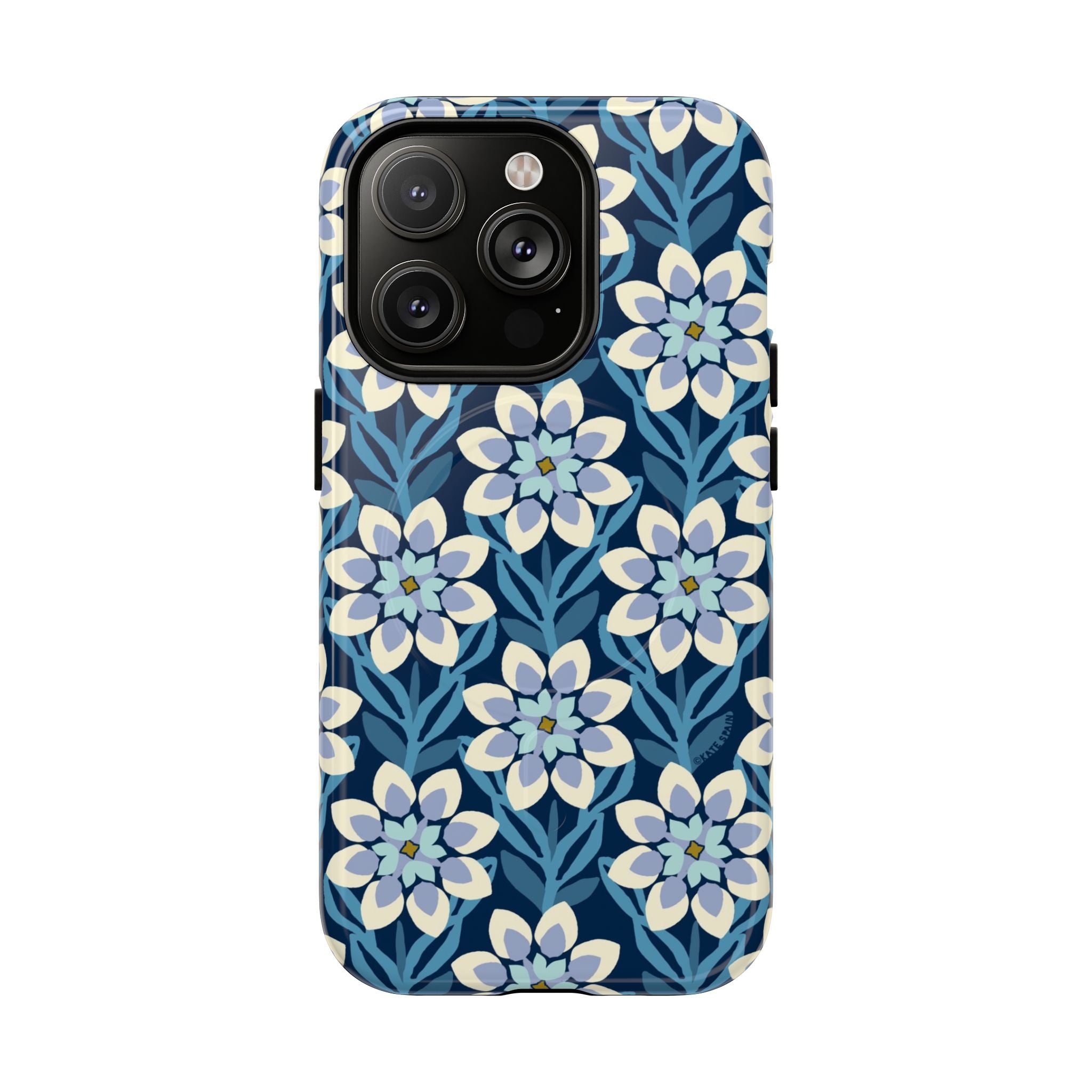 Luxury Modern Dahlia MagSafe iPhone 14 Pro Case – Glossy | navy, slate blue, white geometric dahlia tile floral print