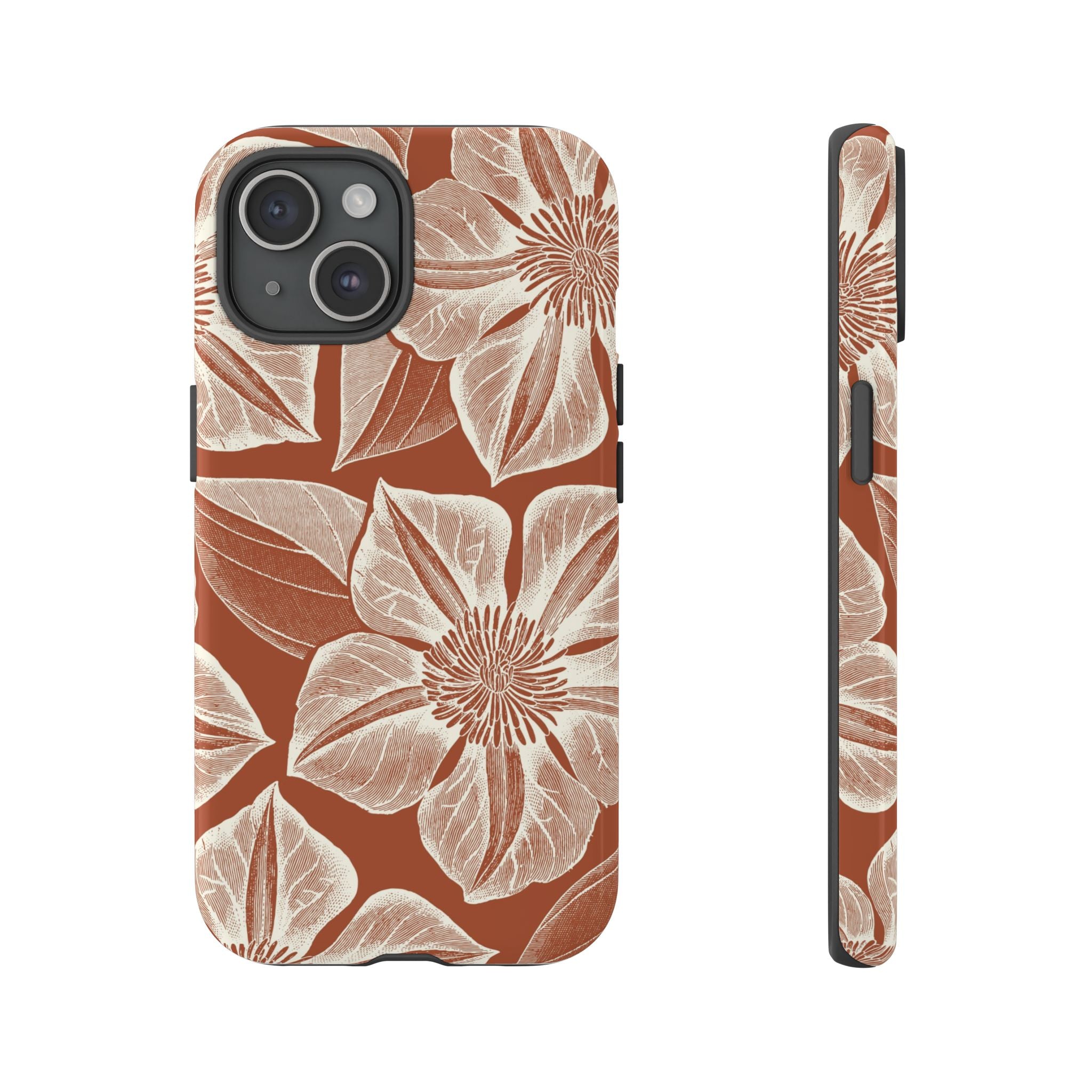 Vintage Bloom Sienna iPhone 15 case – Glossy | sienna ground, large-scale cream clematis print, engraved petal detail, dual-layer protection
