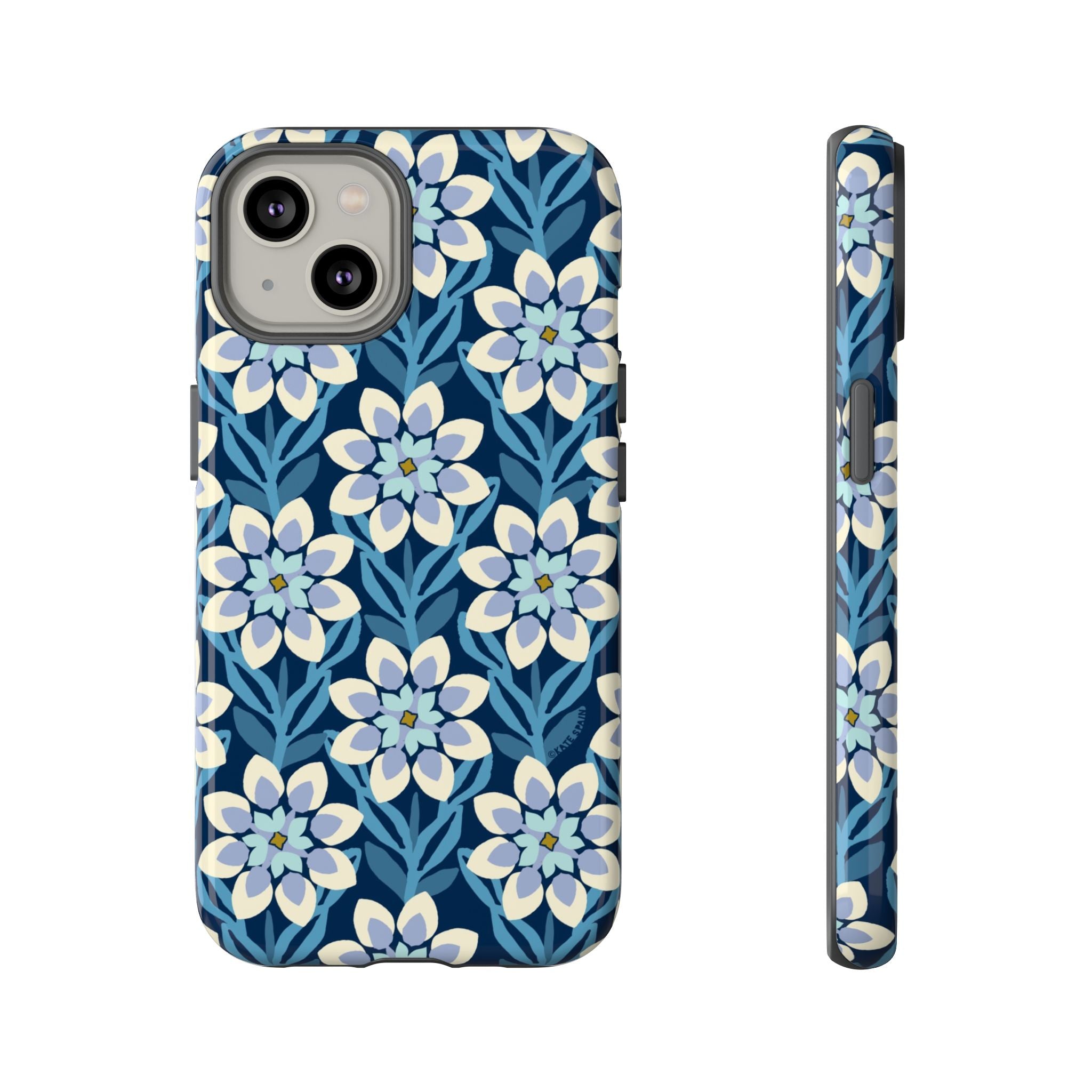 Designer Modern Dahlia Tough iPhone 14 Case – Glossy | navy, cobalt, white dahlia floral print