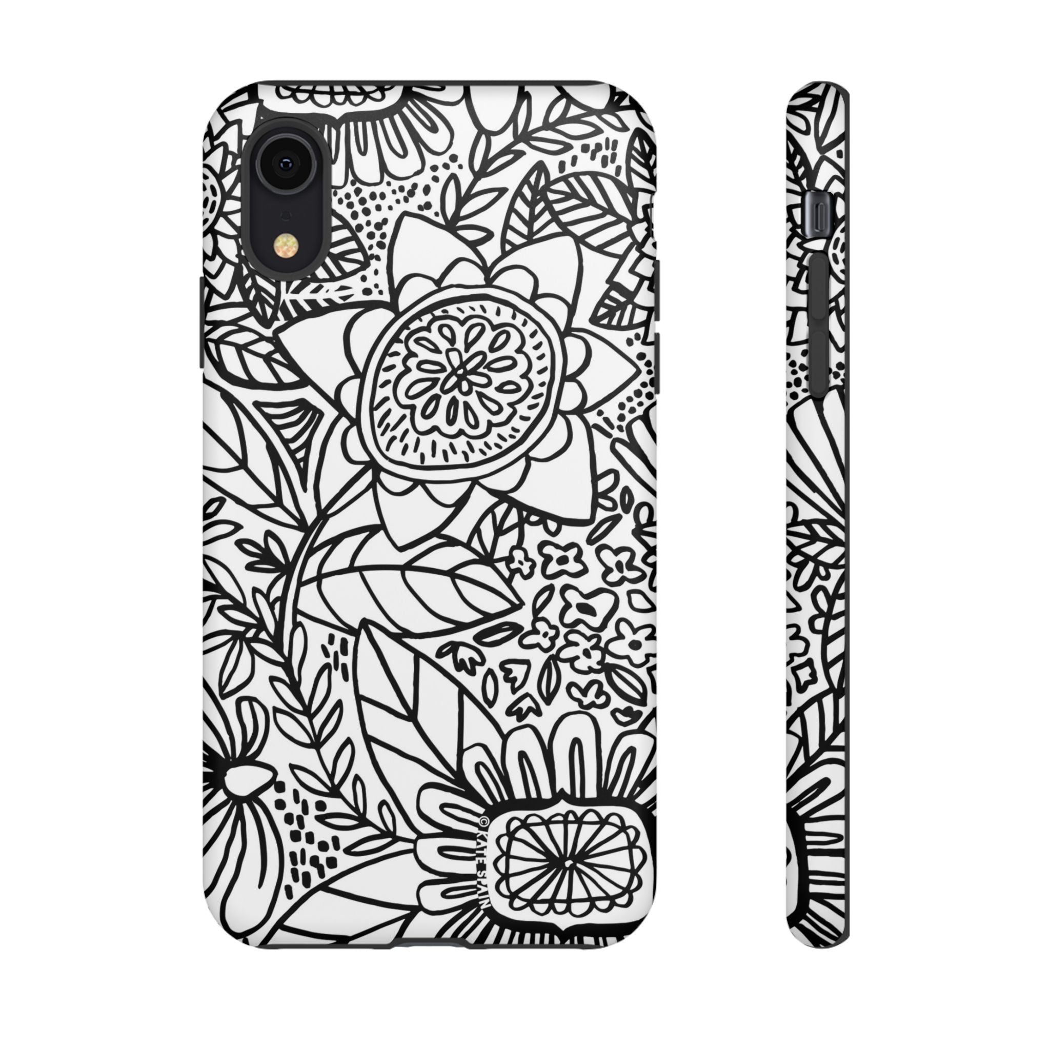 Esprit Tough iPhone XR Case – Matte | white, black botanical line art floral print