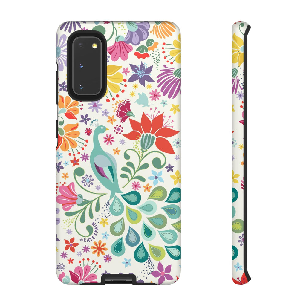 Luxury Peacock Sanctuary Samsung Galaxy S20 Case – Matte | white, teal, coral multicolor vibrant peacock feather botanical print