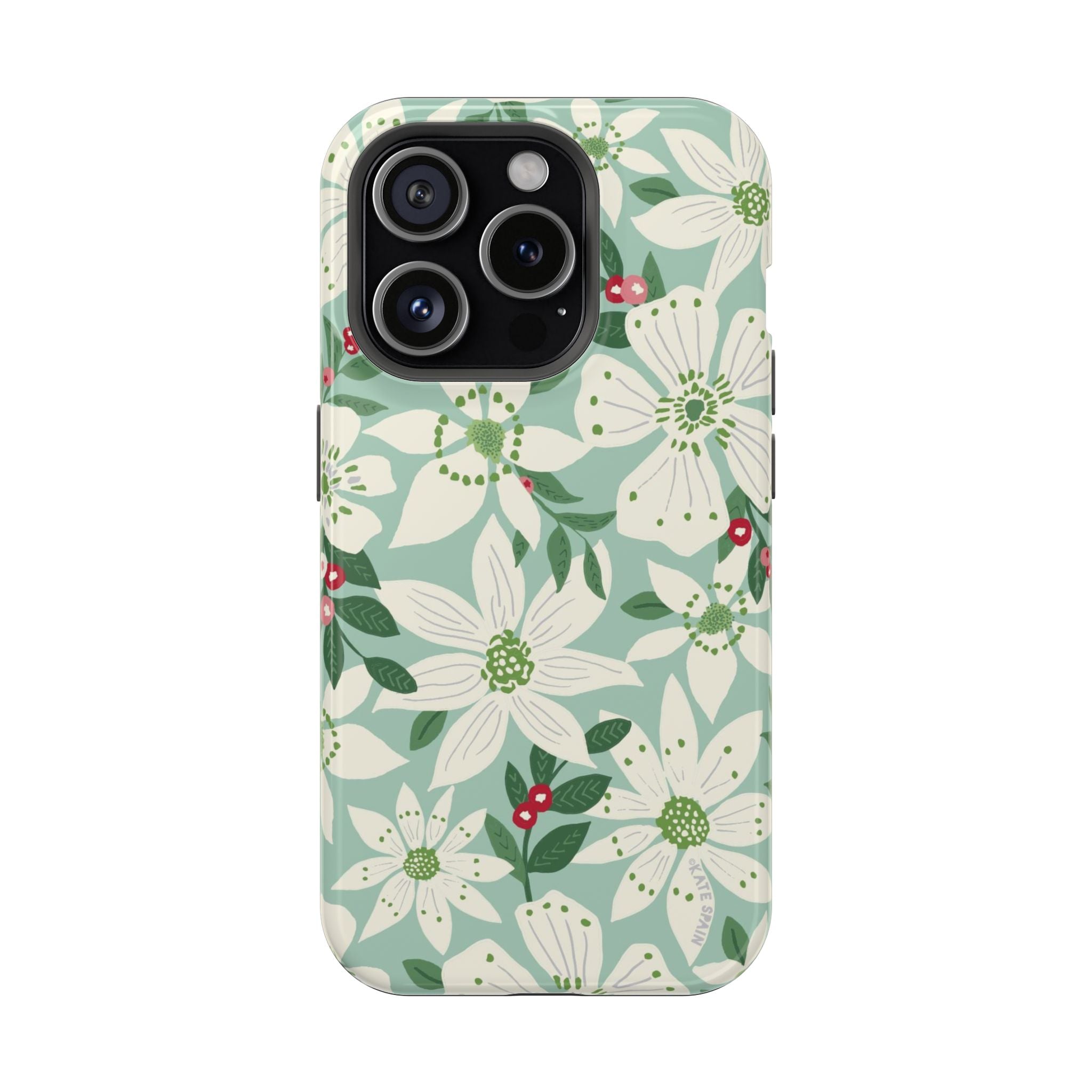 Gardenia MagSafe iPhone 15 Pro Case – Glossy | light blue, white, green, red gardenia botanical print MagSafe compatible, dual-layer protection