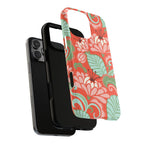 Sarabande MagSafe iPhone 16 Pro Max Case – Dual-layered view of case and inner lining in front of phone, with view of camera cutout and buttons | coral, pink, cream, green botanical floral print