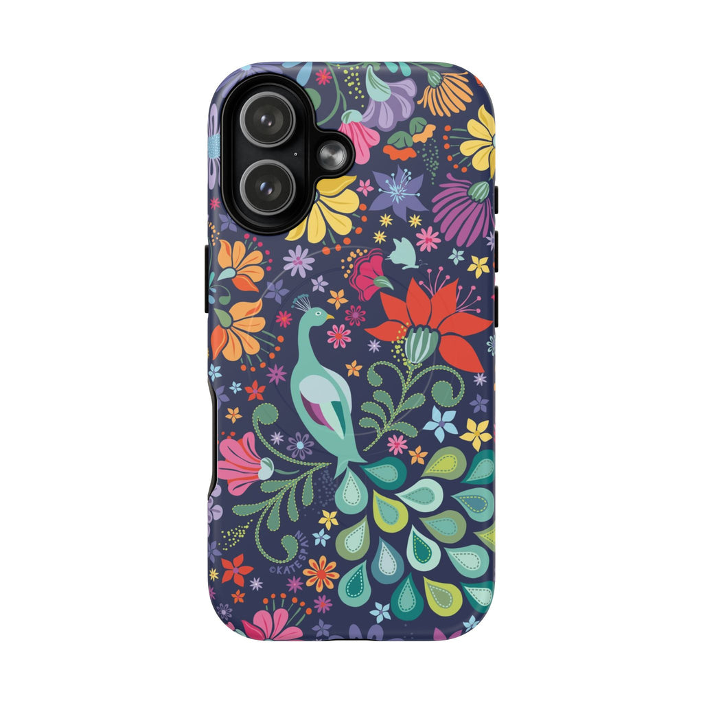 Peacock Sanctuary MagSafe iPhone 17 Case – Matte | navy, teal, coral multicolor vibrant peacock feather botanical print