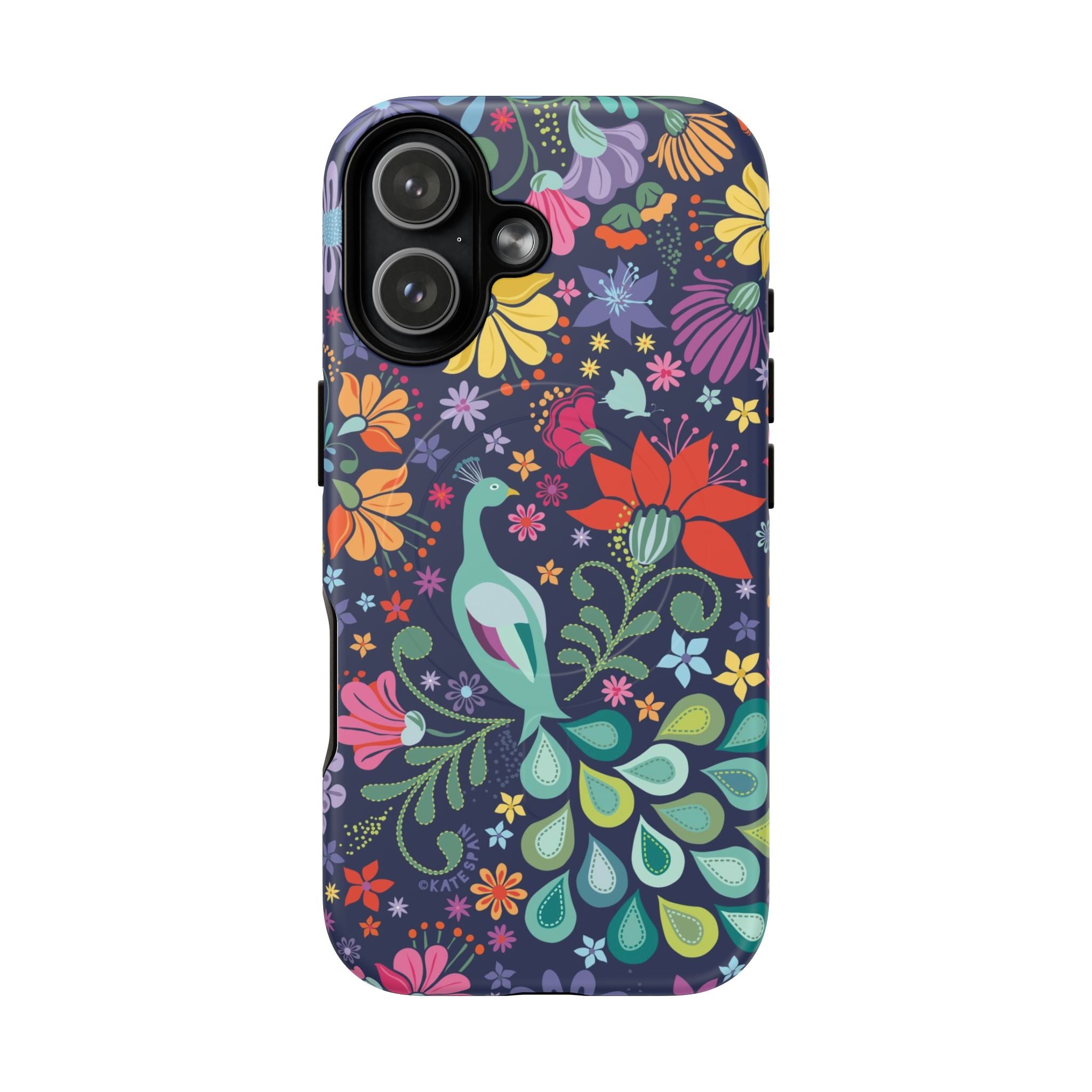 Peacock Sanctuary MagSafe iPhone 17 Case – Matte | navy, teal, coral multicolor vibrant peacock feather botanical print