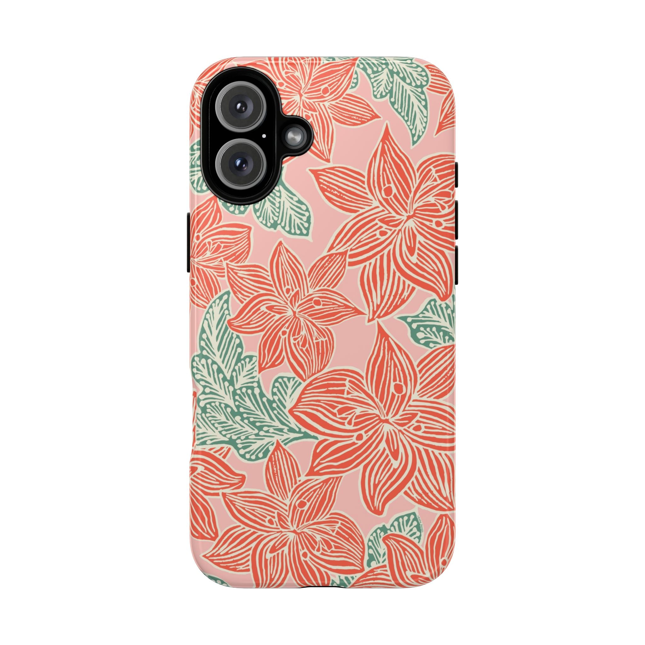 Hibiscus Coral iPhone 16 Plus Glossy Case — blush pink hard case with large-scale coral red hibiscus flowers and teal-green leaves in a bold botanical linework print, densely layered across the surface