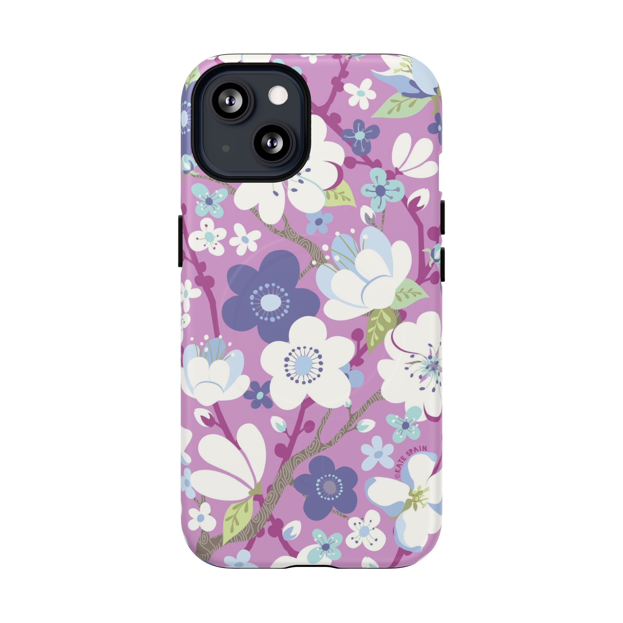 Purple Cherry Blossom MagSafe iPhone 13 Case – Matte | mauve, purple, blue, white cherry blossom print