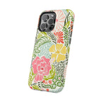 Tropica MagSafe iPhone 16 Pro Max Case – Glossy angled view | cream, pink, yellow, blue botanical floral print MagSafe compatible, dual-layer protection