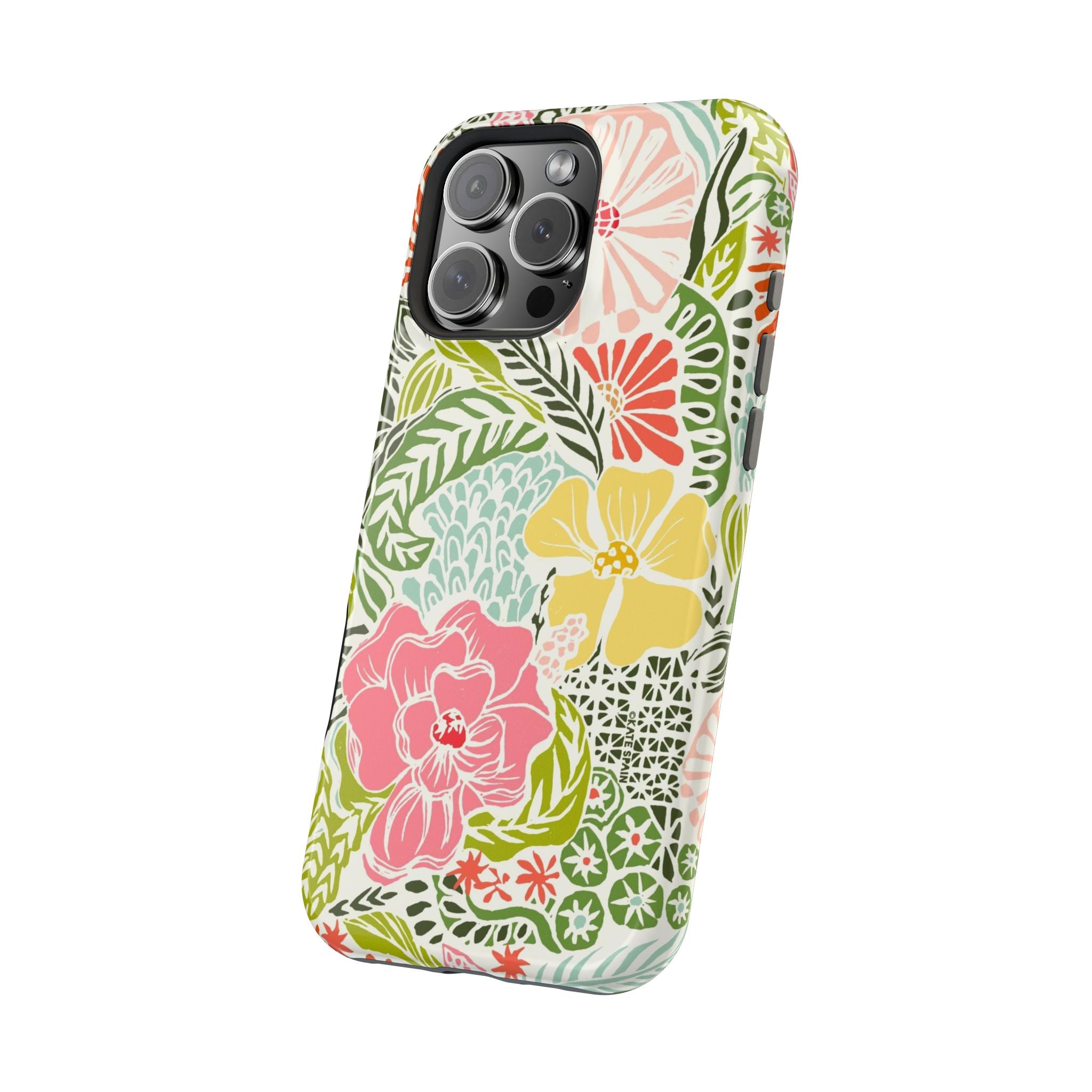 Tropica MagSafe iPhone 16 Pro Max Case – Glossy angled view | cream, pink, yellow, blue botanical floral print MagSafe compatible, dual-layer protection