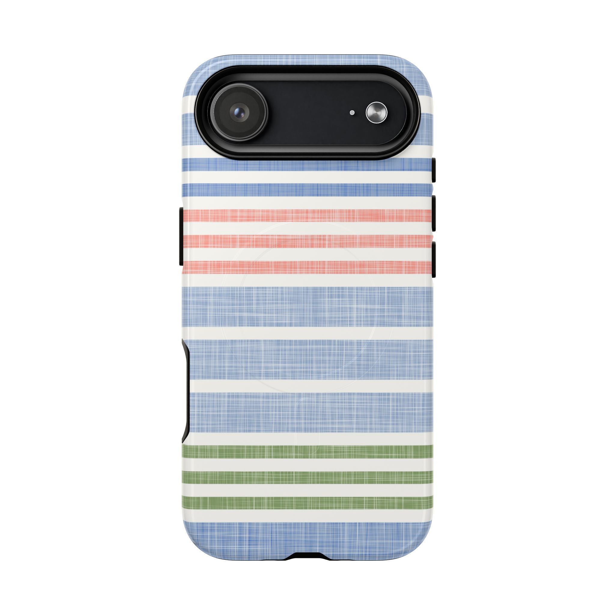 Cabana Stripe Pastel MagSafe iPhone 17 Air Case – Glossy | soft blue, coral, sage green chambray-textured stripe print MagSafe compatible, dual-layer protection
