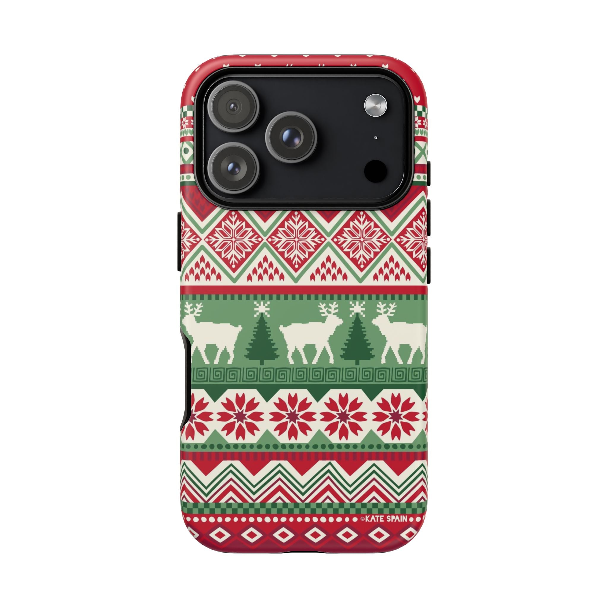 Telemark Tough iPhone 17 Pro Case – Matte | red, green, cream fair isle reindeer Nordic print