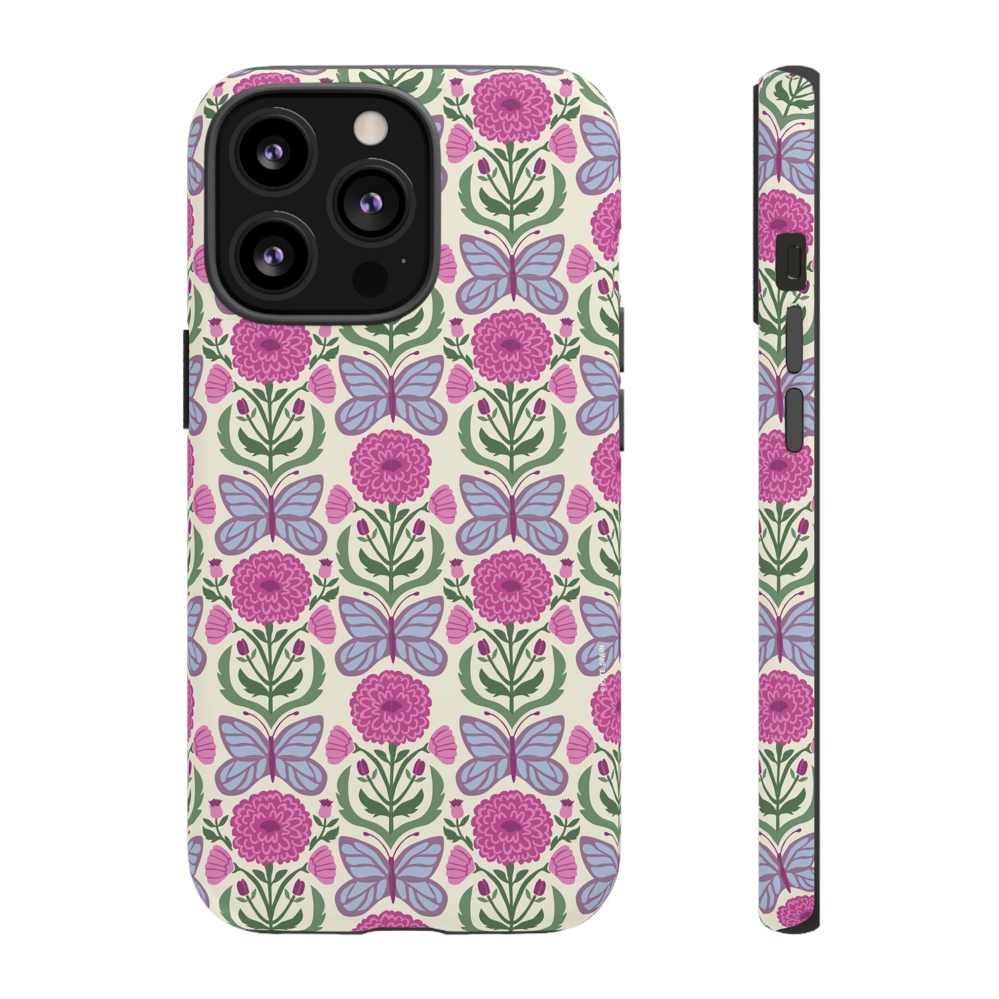 Butterfly Tough iPhone 13 Pro Case – Matte | cream, magenta, periwinkle butterfly floral print