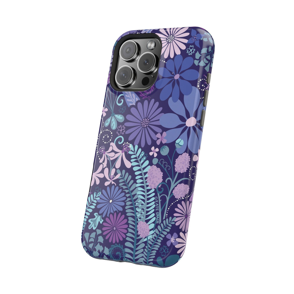 Luxury Terrain MagSafe iPhone 16 Pro Case – angled view case | navy, purple, aqua botanical woodland floral print