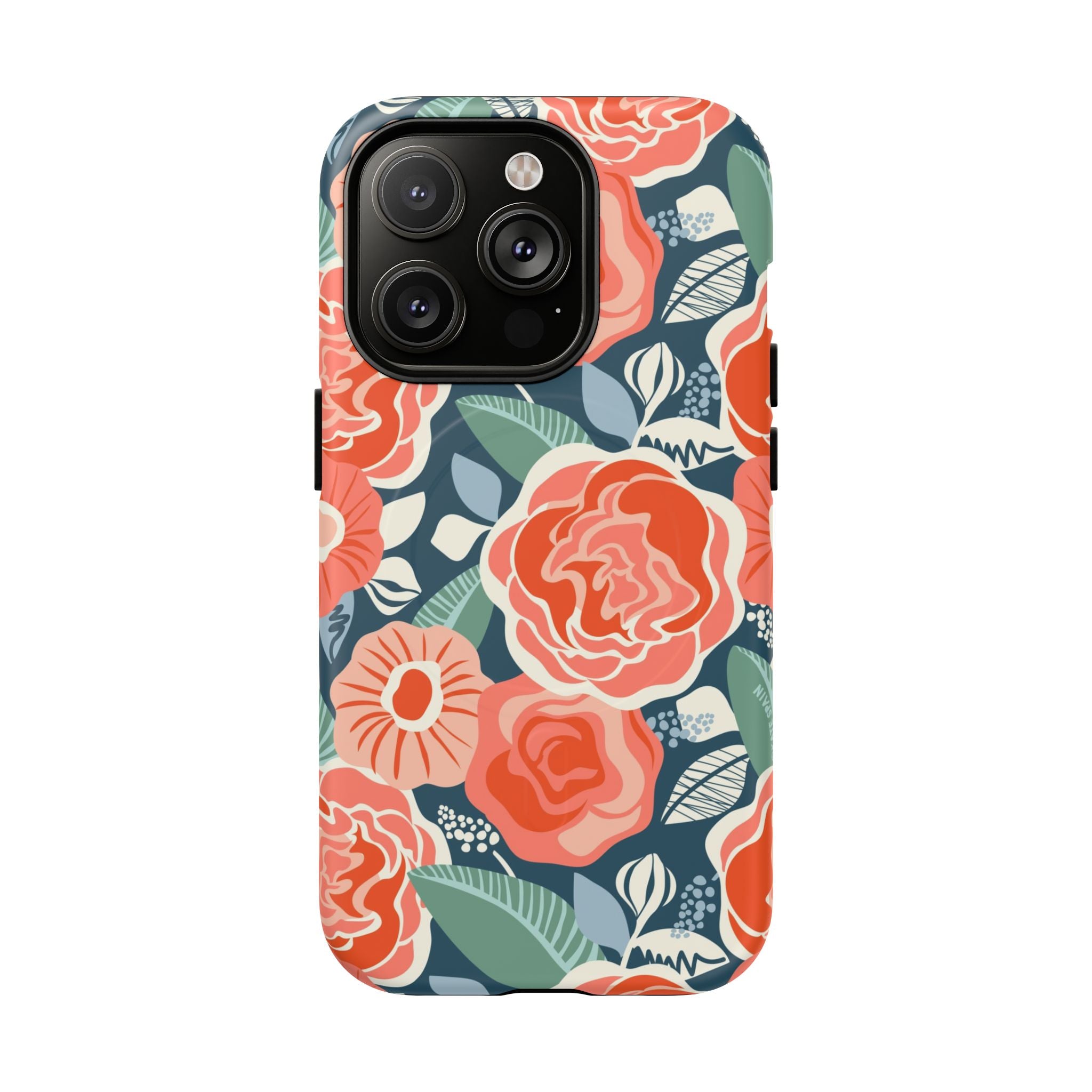 Luxury Tea Rose Navy MagSafe iPhone 14 Pro Case – Matte | navy, coral, peach botanical rose floral print