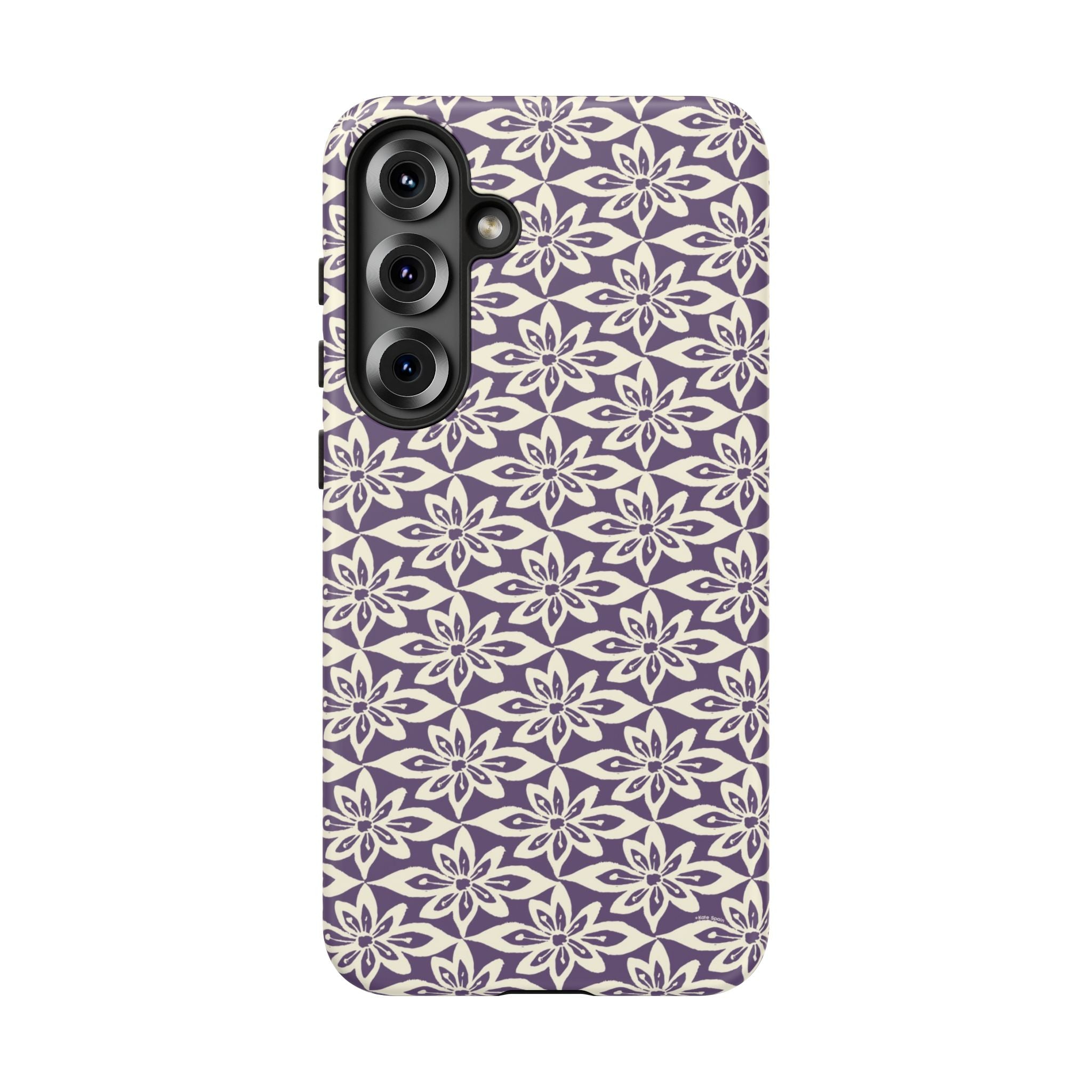Lily Plum Samsung Galaxy S25 Plus Matte case — graphic white lily print on rich violet — botanical phone case by Kate Spain