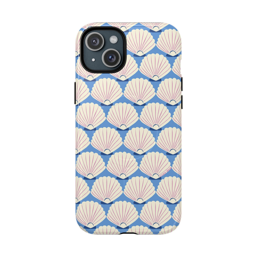 Seashells MagSafe iPhone 15 Plus Case – Glossy | periwinkle, cream, blush scallop shell print