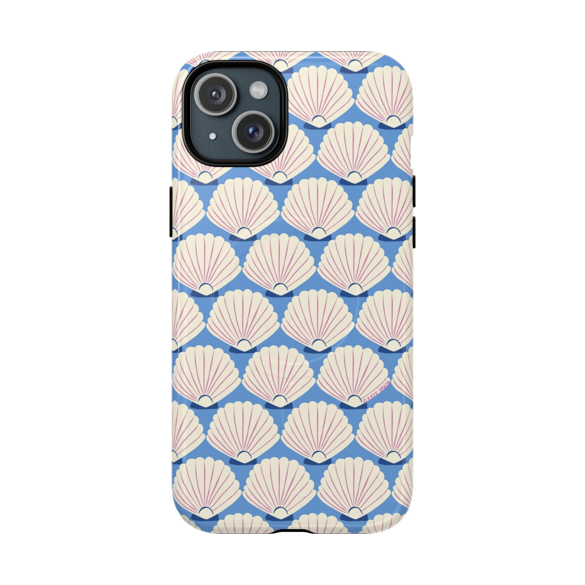 Seashells MagSafe iPhone 15 Plus Case – Glossy | periwinkle, cream, blush scallop shell print