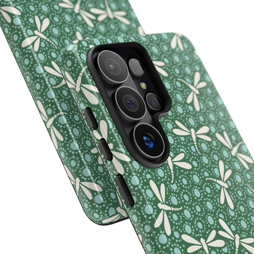 Dragonfly Samsung Galaxy S26 Ultra Case – Glossy | Close-up of 3 lenses camera cut-out in case in  jade green, aqua, cream dragonfly print 