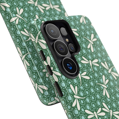 Dragonfly Pattern Phone Case — Green Floral Protective Tough Case