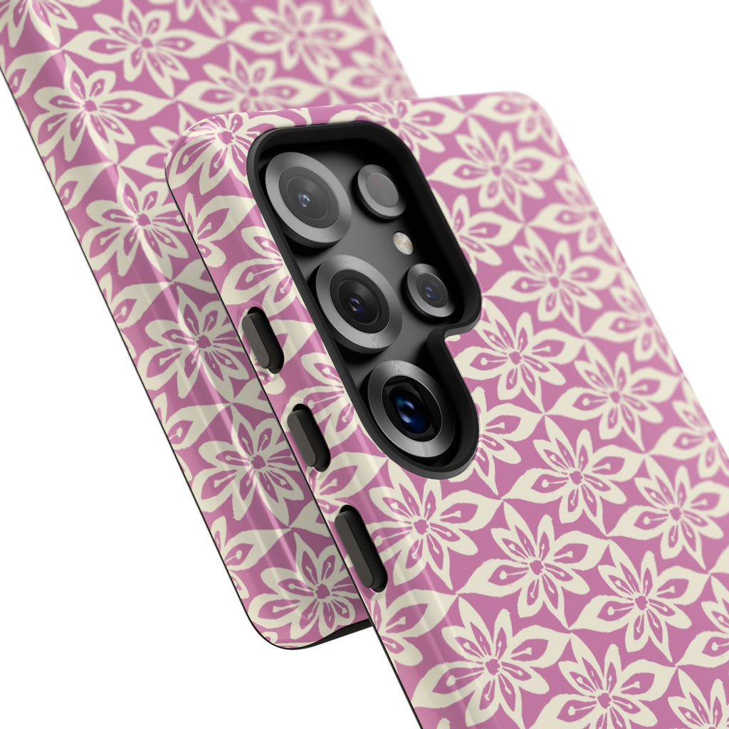 Lily Rose Samsung Galaxy S25 Ultra Glossy case — side angled view showing camera cutout and buttons — graphic white lily on soft rose by Kate Spain